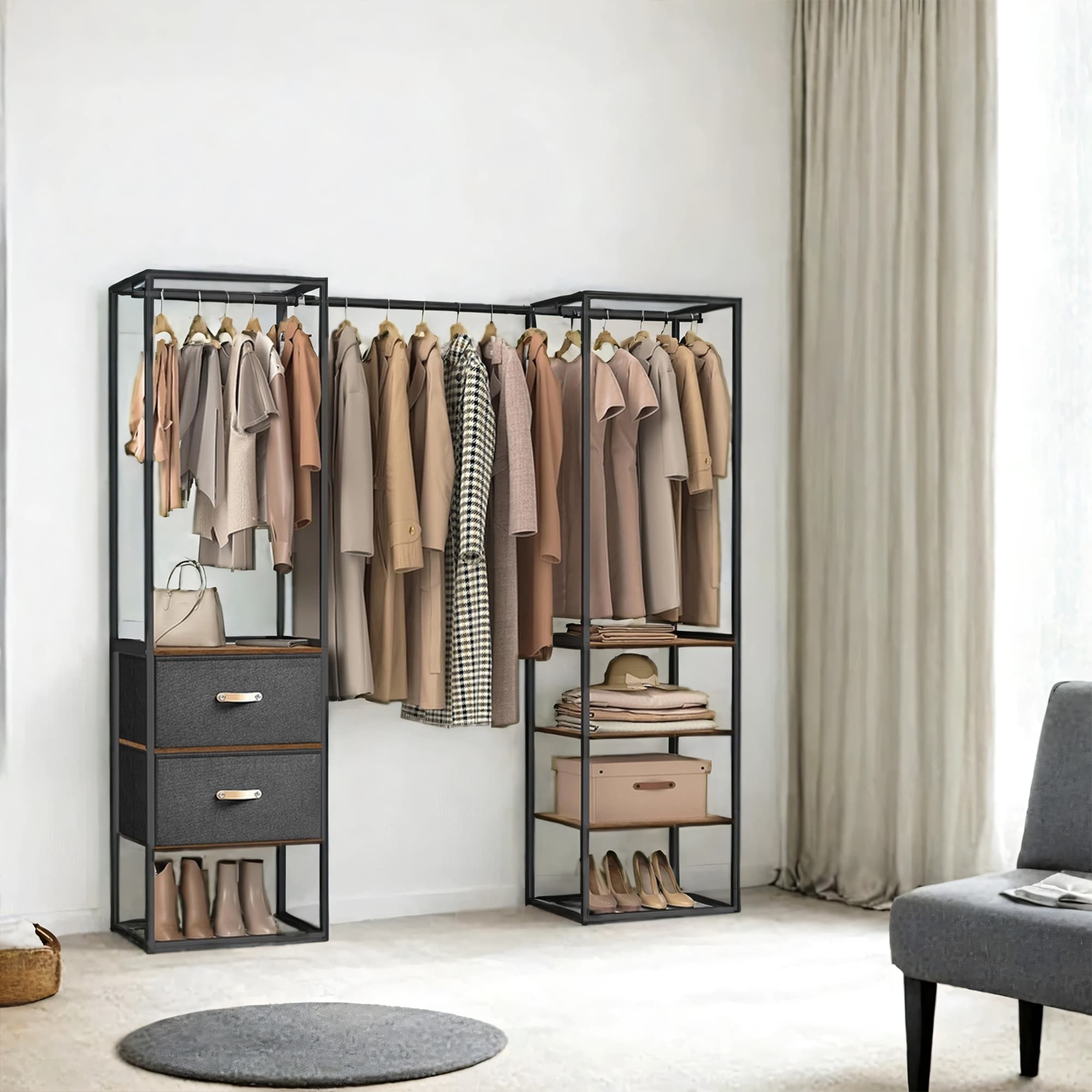 Freestanding Heavy Duty Clothes Rack with Extendable Hanging Rod - Rustic Brown