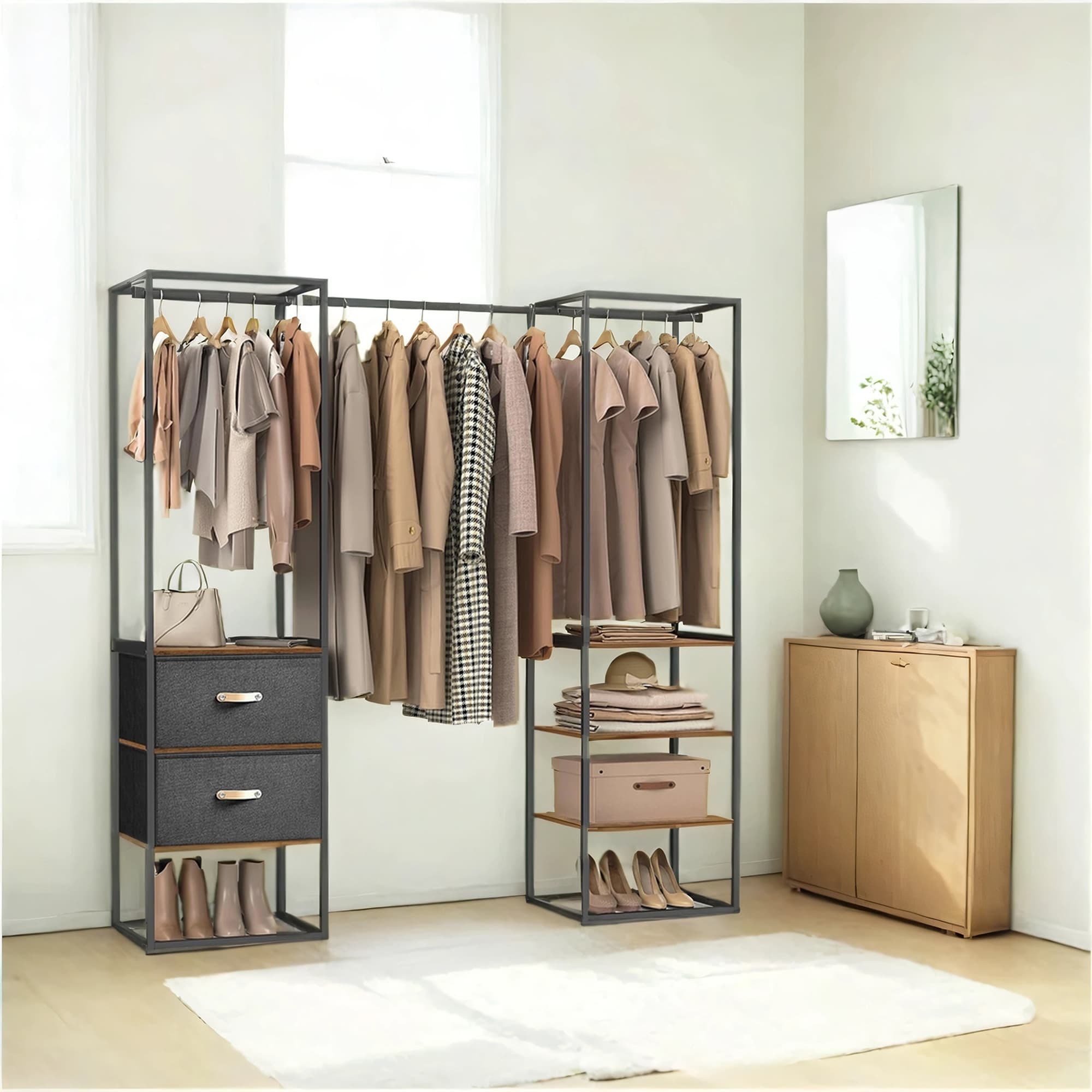 Freestanding Heavy Duty Clothes Rack with Extendable Hanging Rod - Rustic Brown