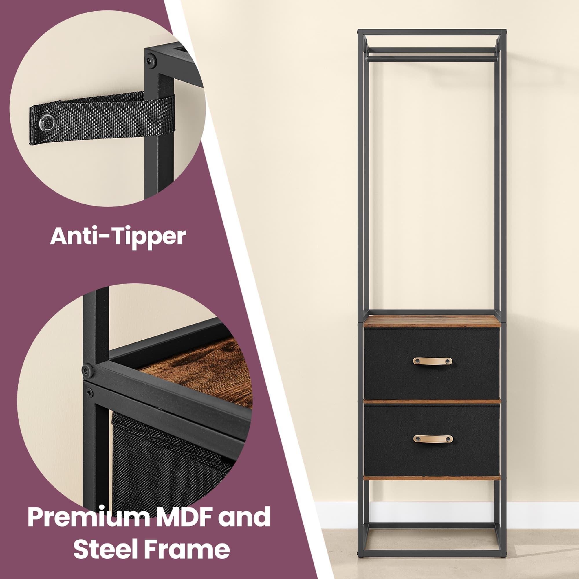 Freestanding Heavy Duty Clothes Rack with Extendable Hanging Rod - Rustic Brown