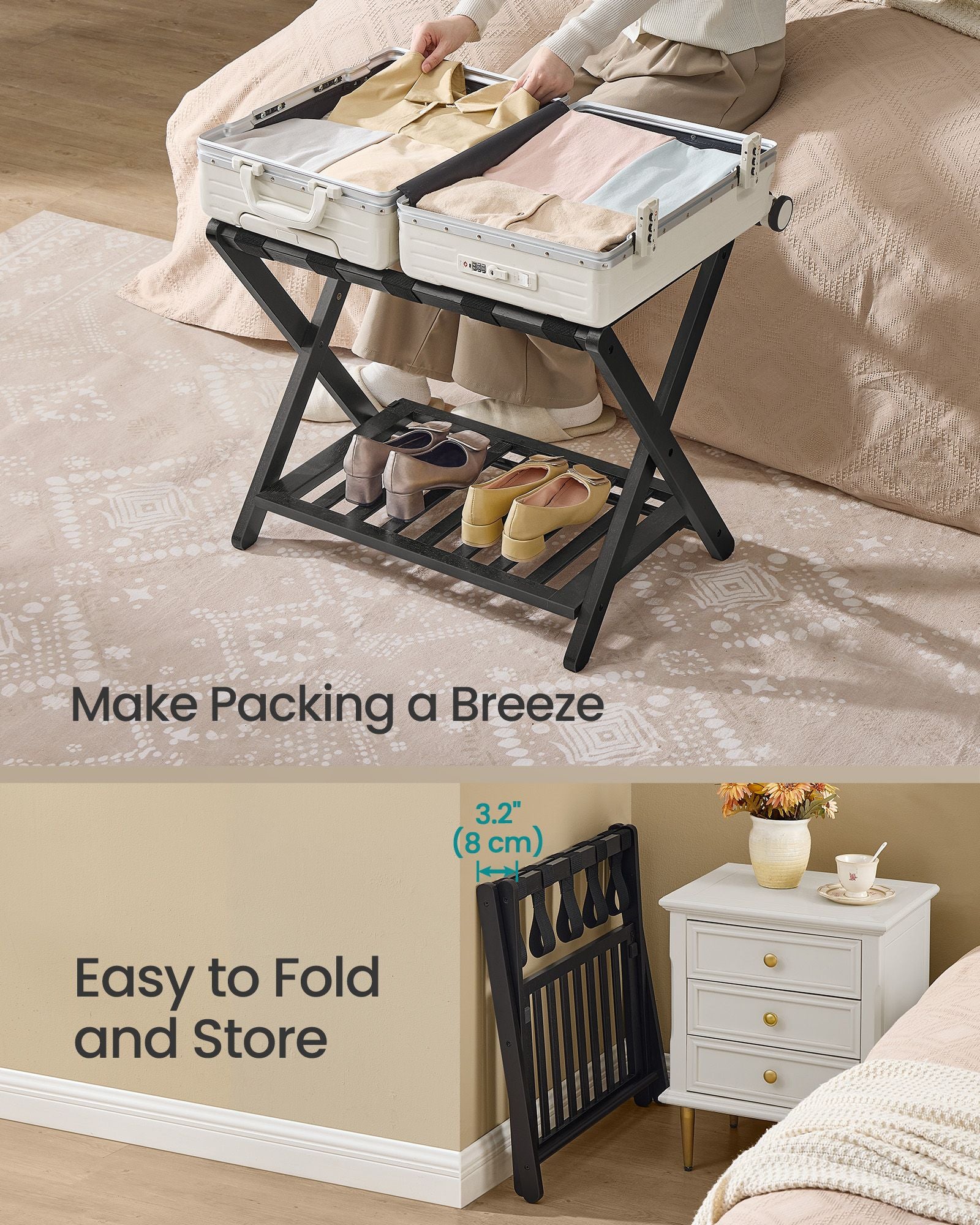 Solid Wood Luggage Rack - No Assembly Required - Foldable Suitcase Stand - Luggage Holder