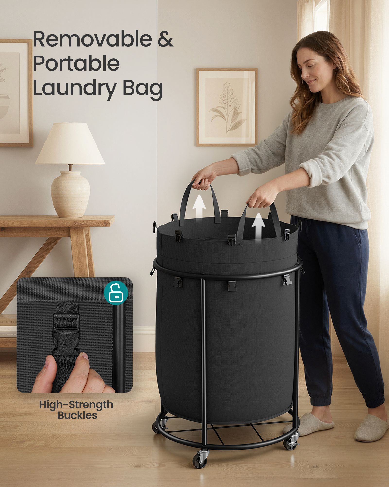 Laundry Basket with Wheels - Rolling Laundry Hamper with Steel Frame - Round Black
