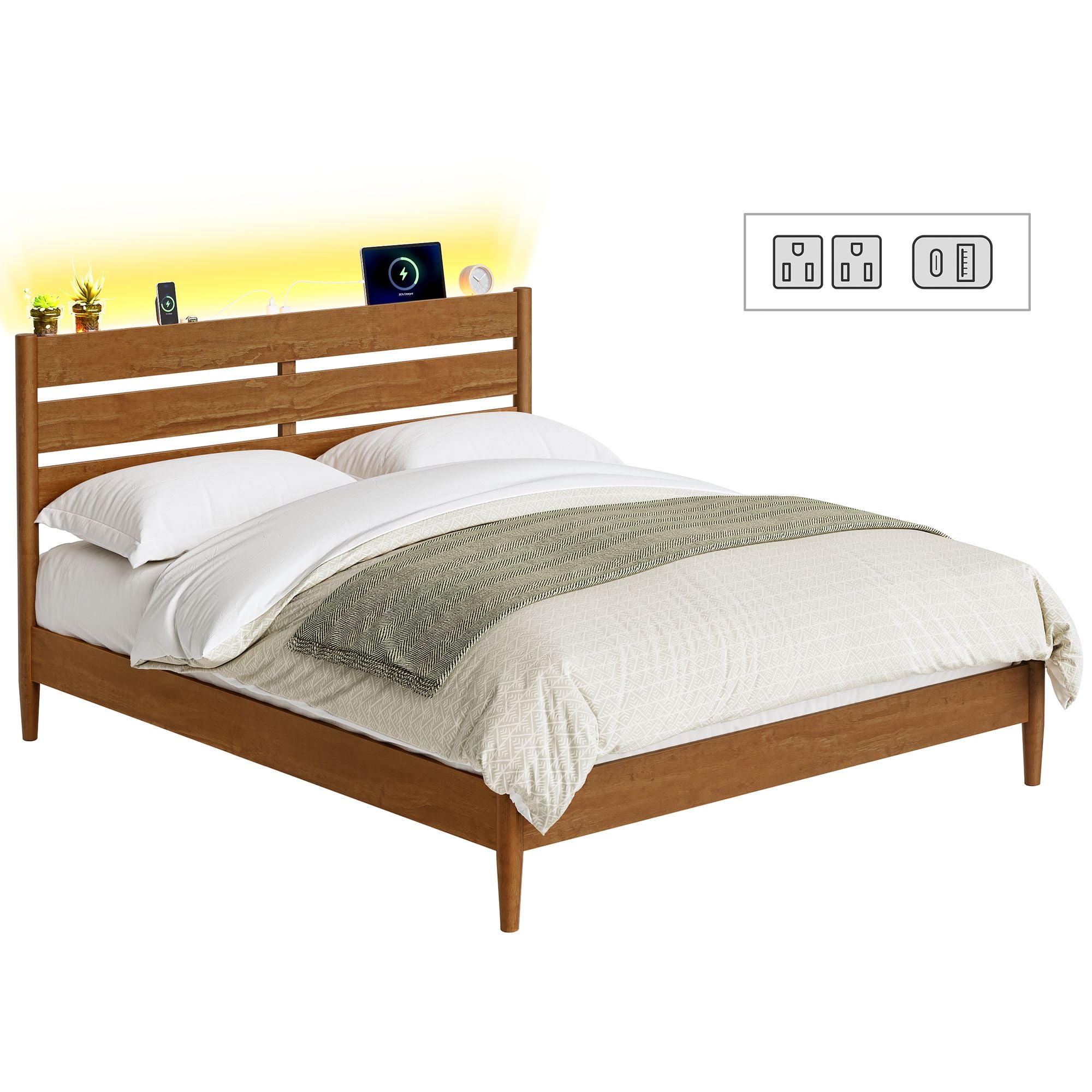 Bed Frame - Wood Platform Bed with Storage Headboard - Caramel - Queen