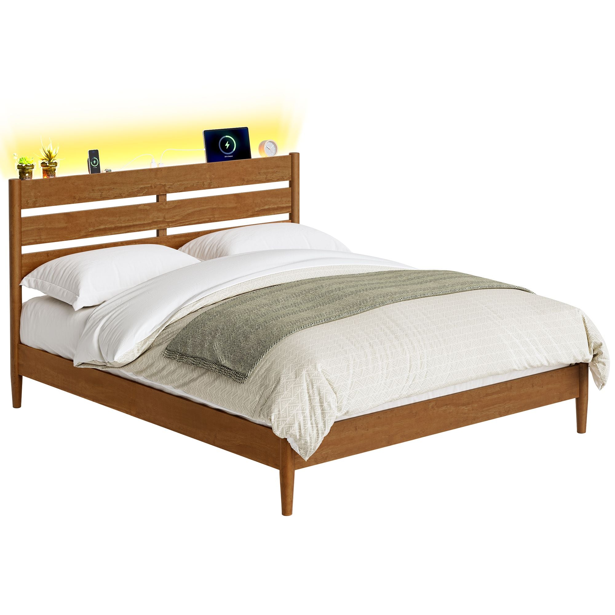 Bed Frame - Wood Platform Bed with Storage Headboard - Caramel