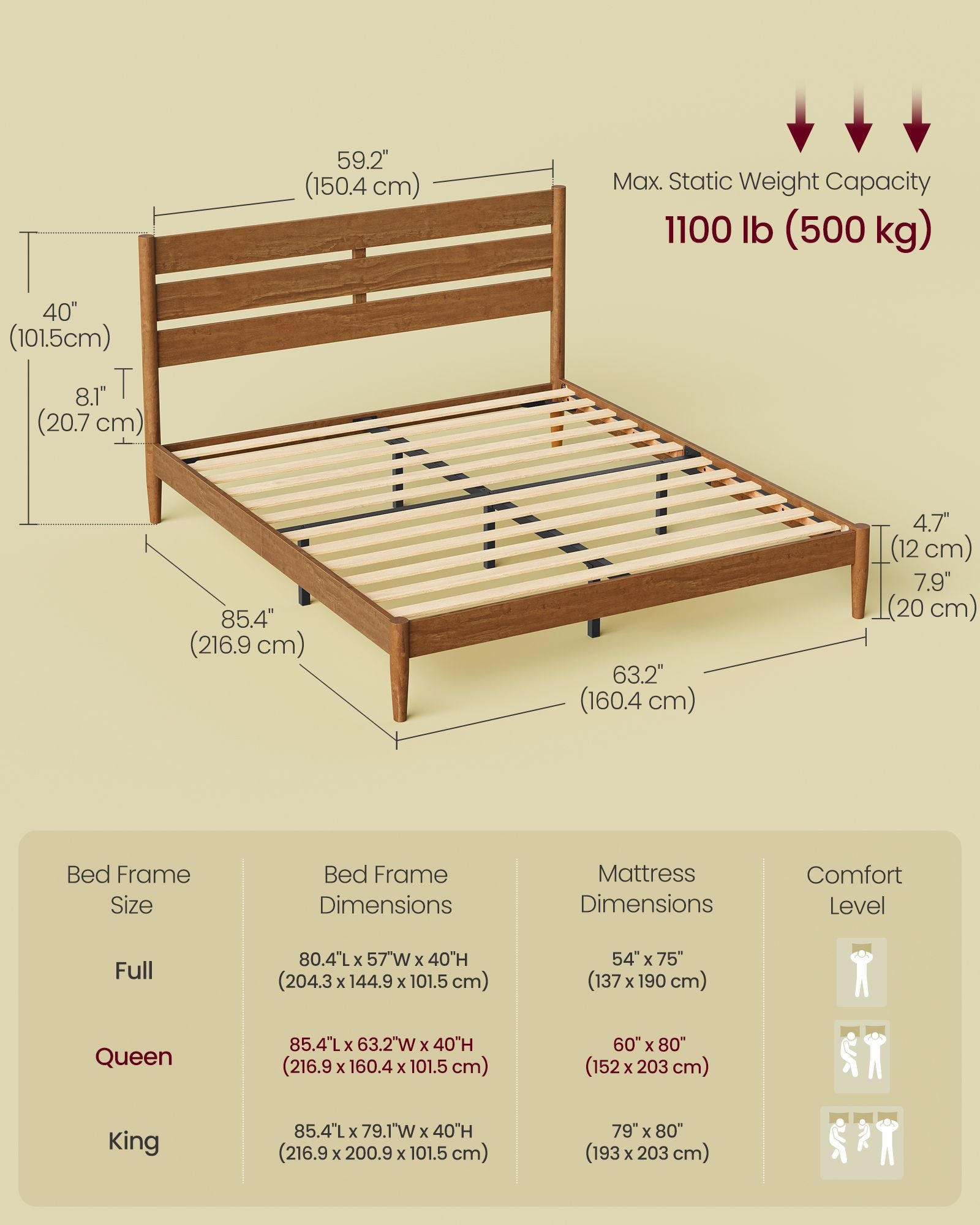 Bed Frame - Wood Platform Bed with Storage Headboard - Caramel