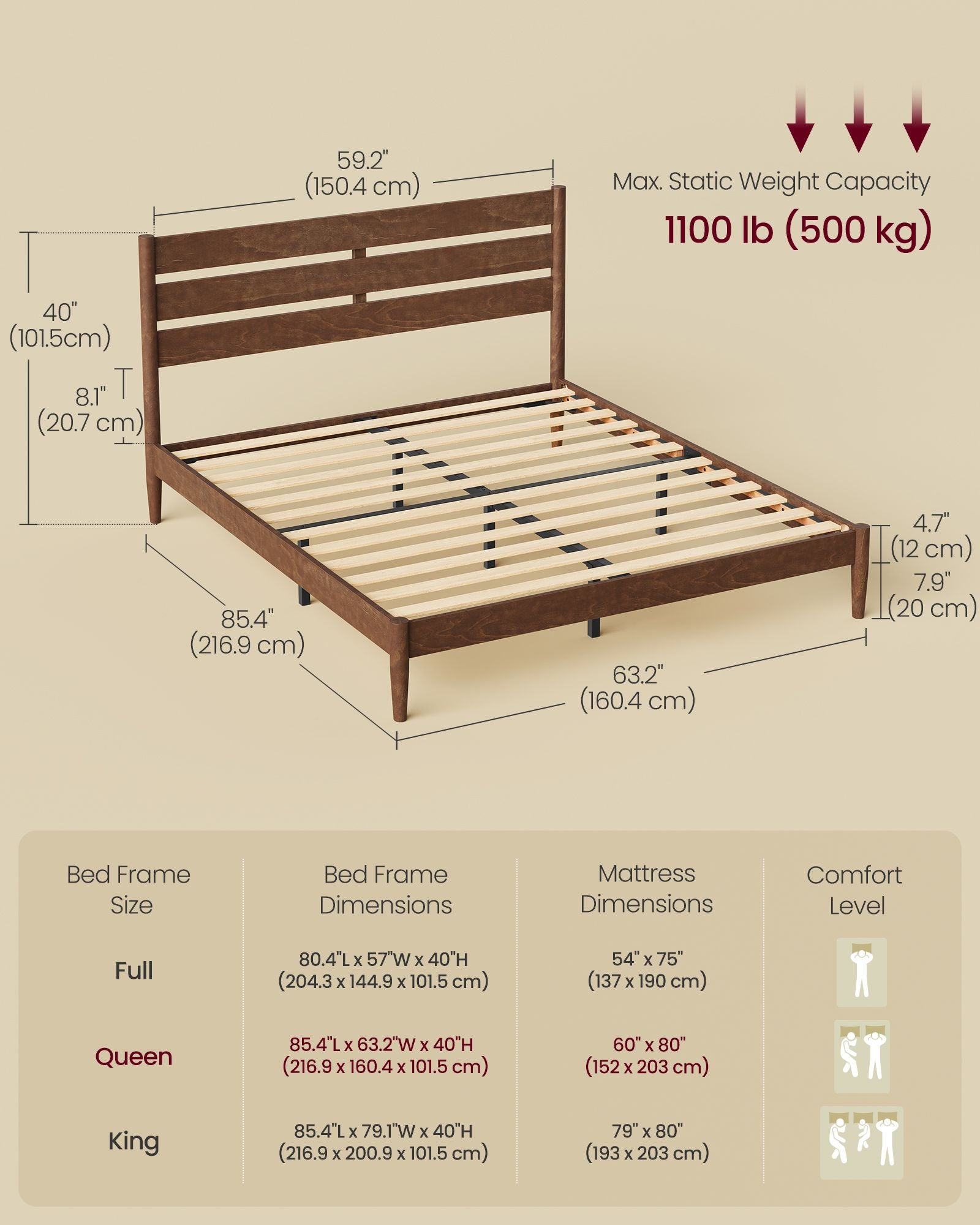 Bed Frame - Wood Platform Bed with Storage Headboard - Walnut - Queen