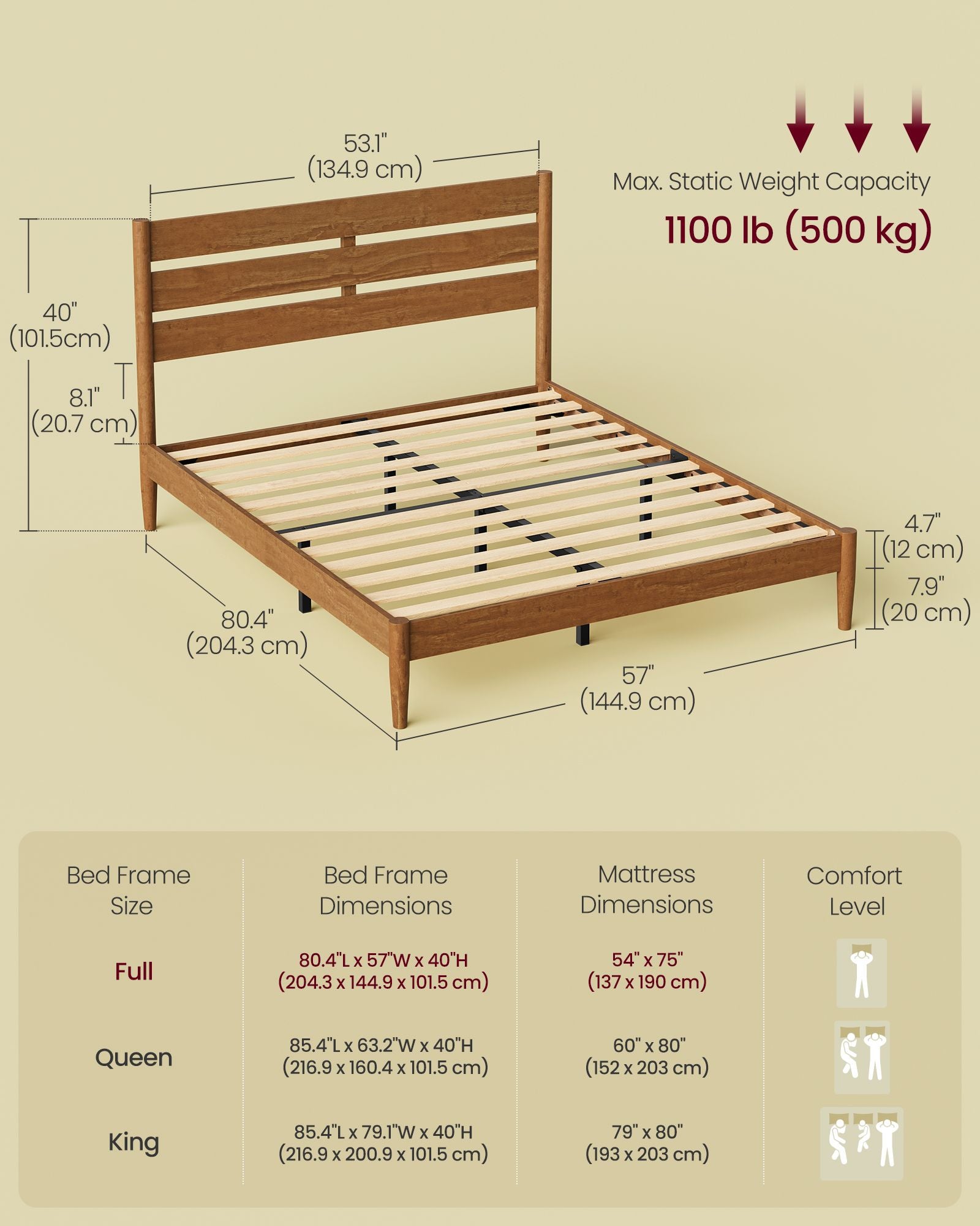 Bed Frame - Wood Platform Bed with Storage Headboard - Caramel - Full