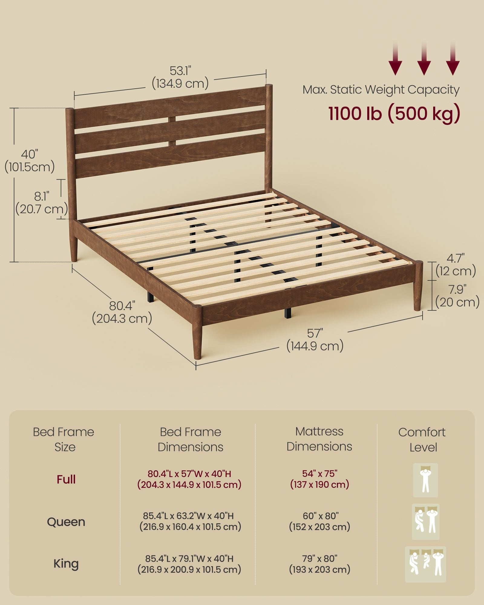 Bed Frame - Wood Platform Bed with Storage Headboard - Walnut - Full