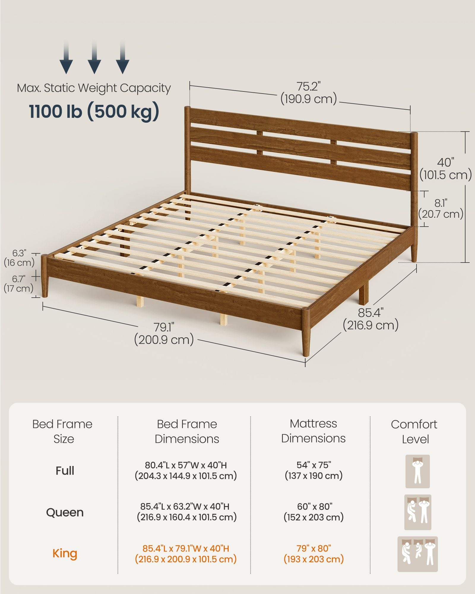 Queen Bed Frame with Headboard - King Caramel Brown