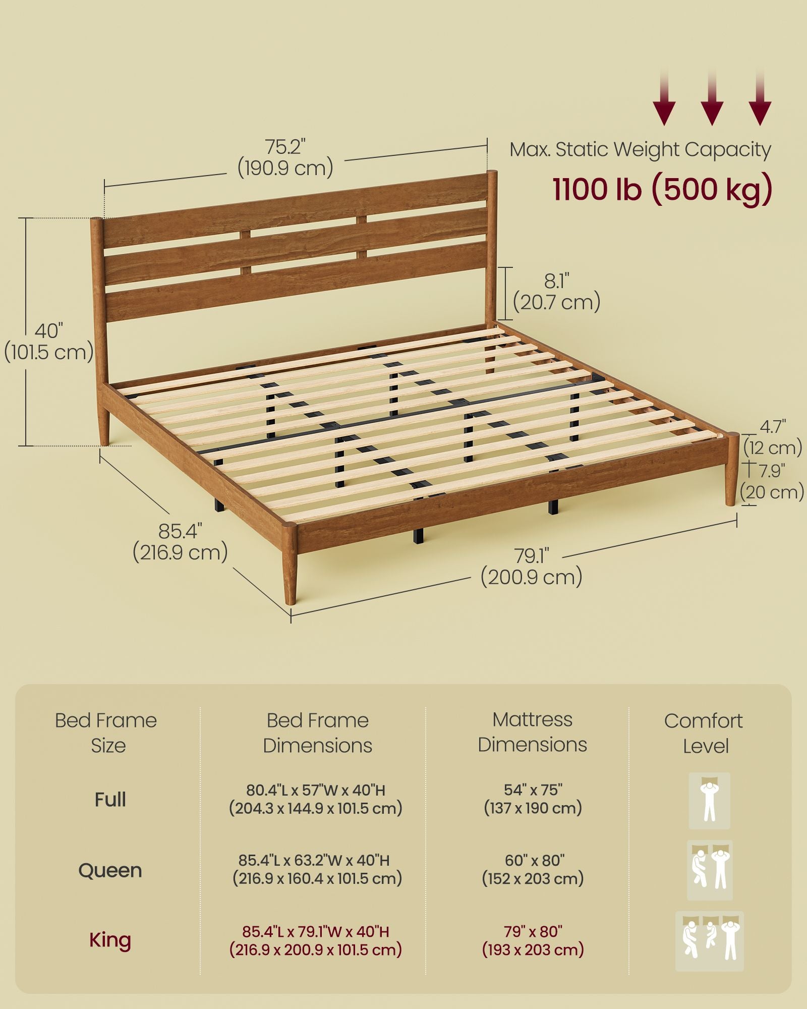Bed Frame - Wood Platform Bed with Storage Headboard - Caramel - King