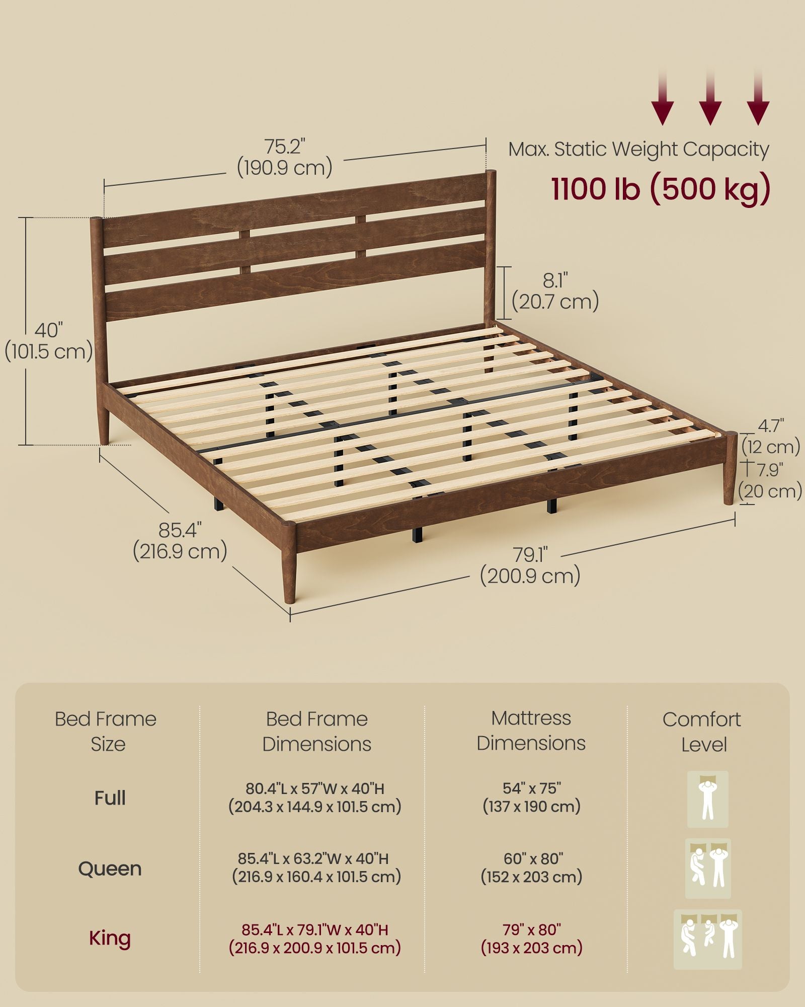 Bed Frame - Wood Platform Bed with Storage Headboard - Walnut - King