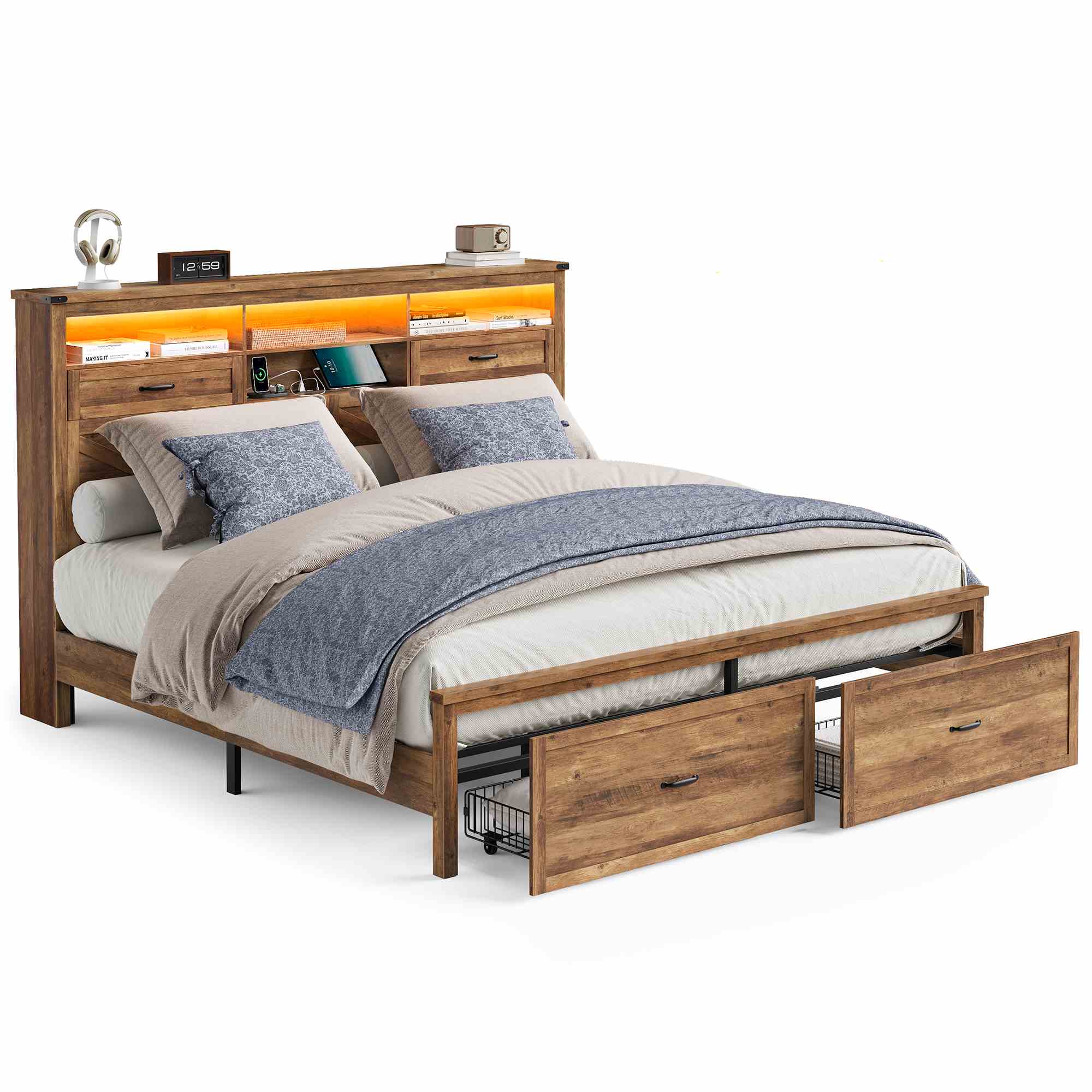 King Bed Frame with Storage Headboard - Honey Brown