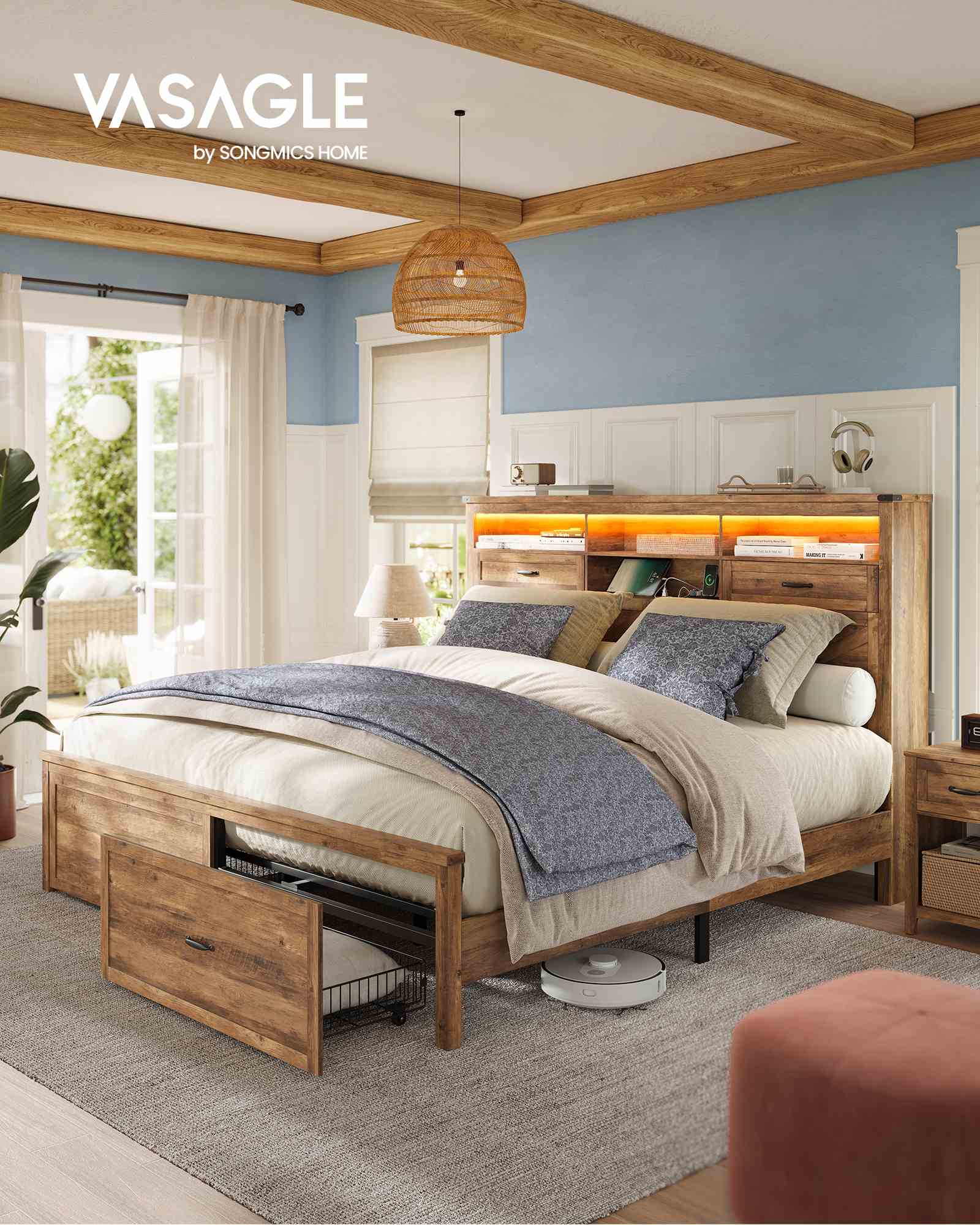 King Bed Frame with Storage Headboard - Honey Brown