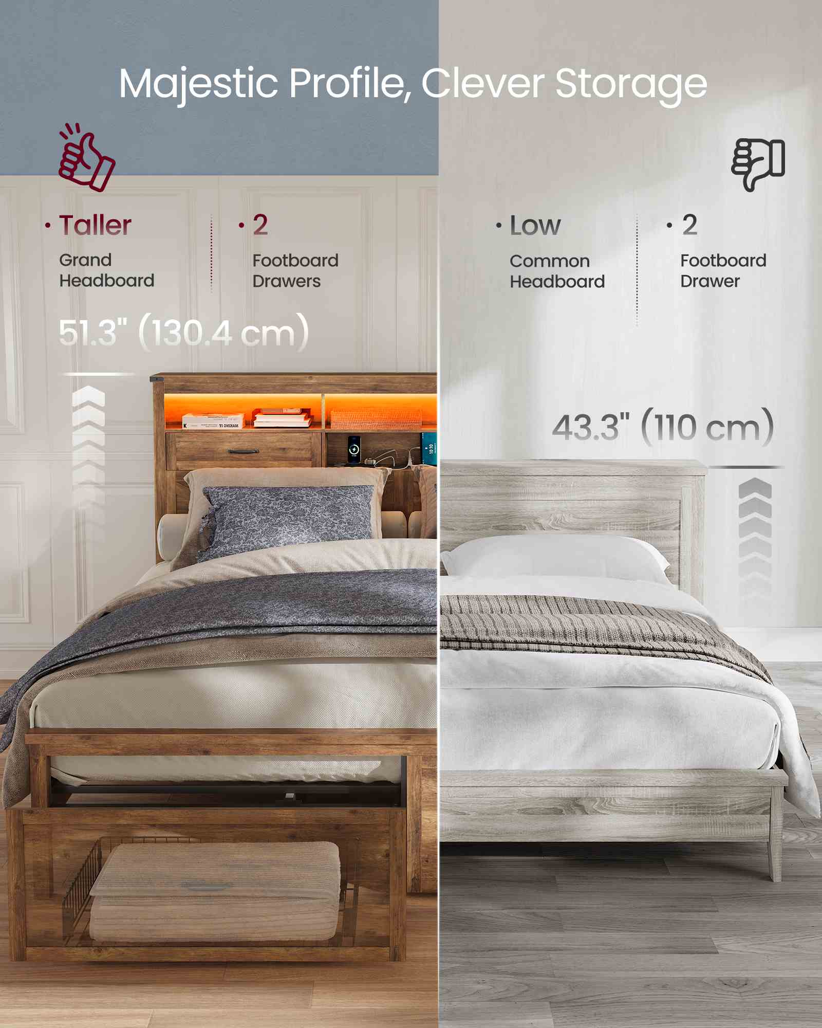 King Bed Frame with Storage Headboard - Honey Brown