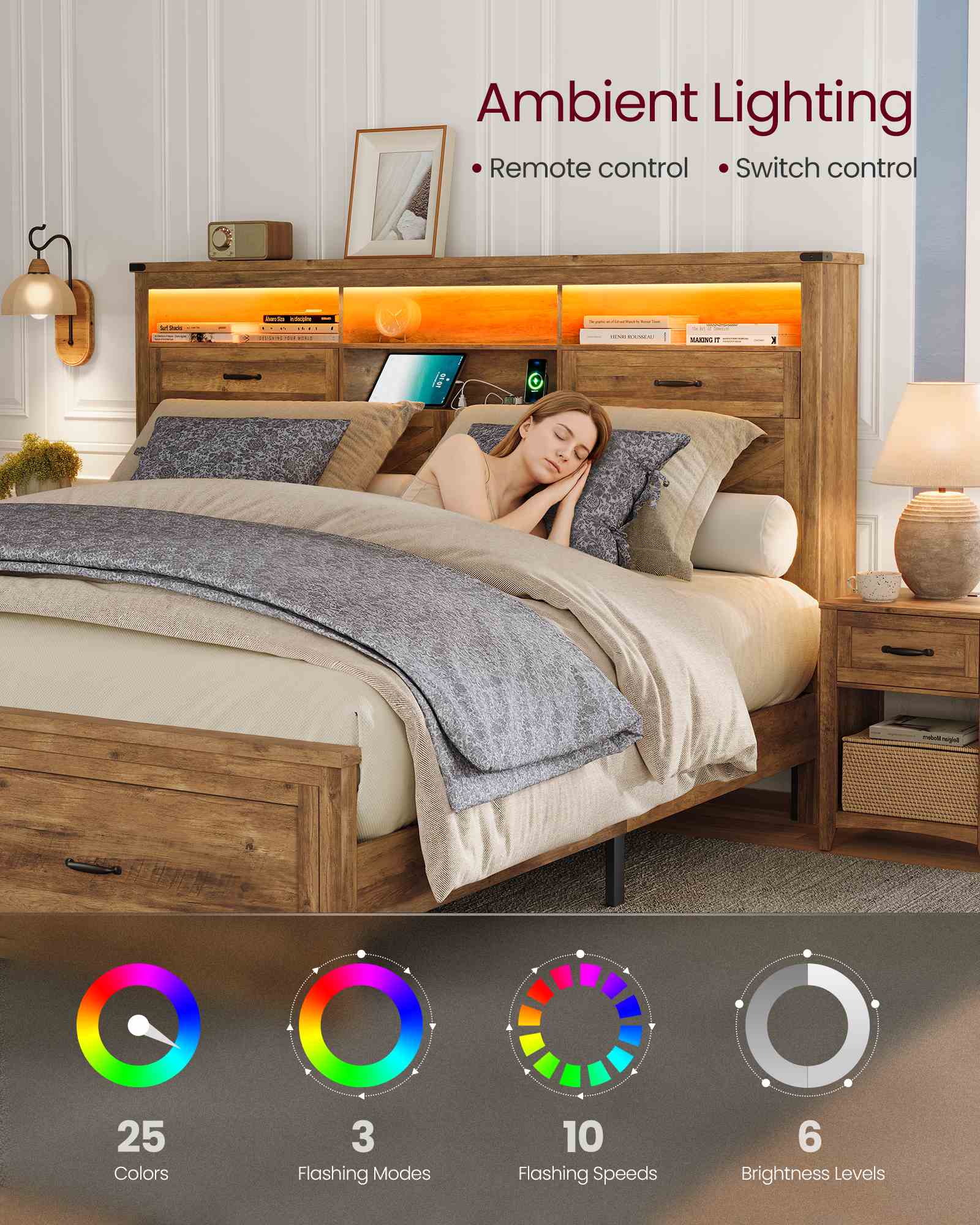 King Bed Frame with Storage Headboard - Honey Brown
