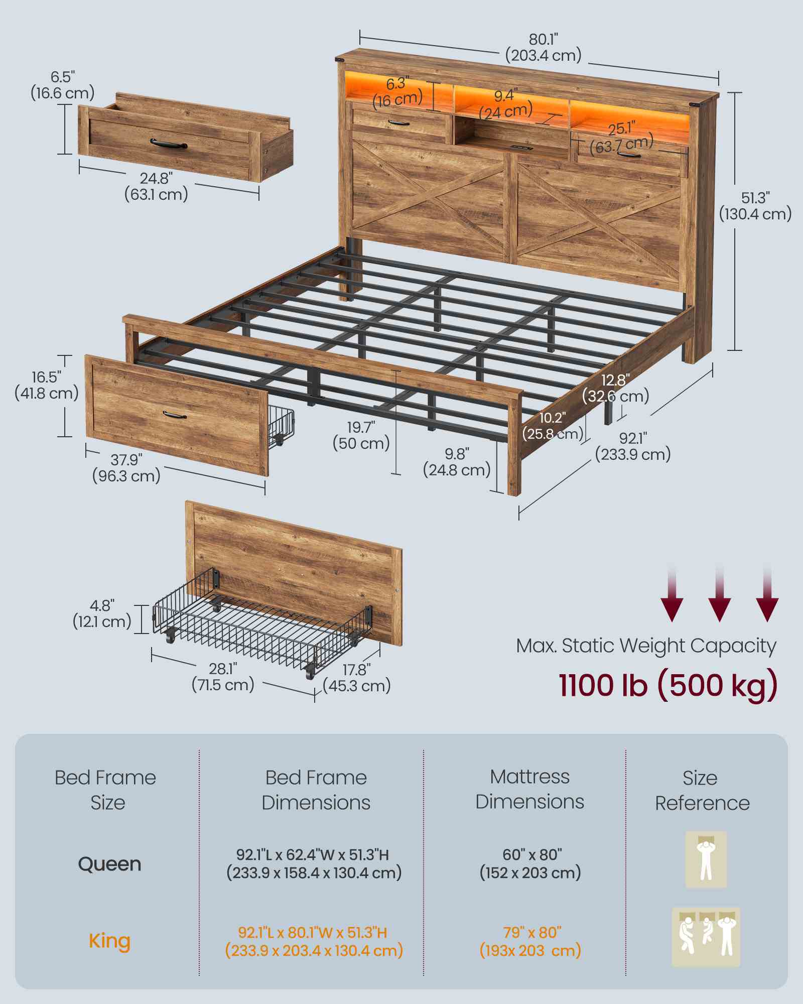 King Bed Frame with Storage Headboard - Honey Brown