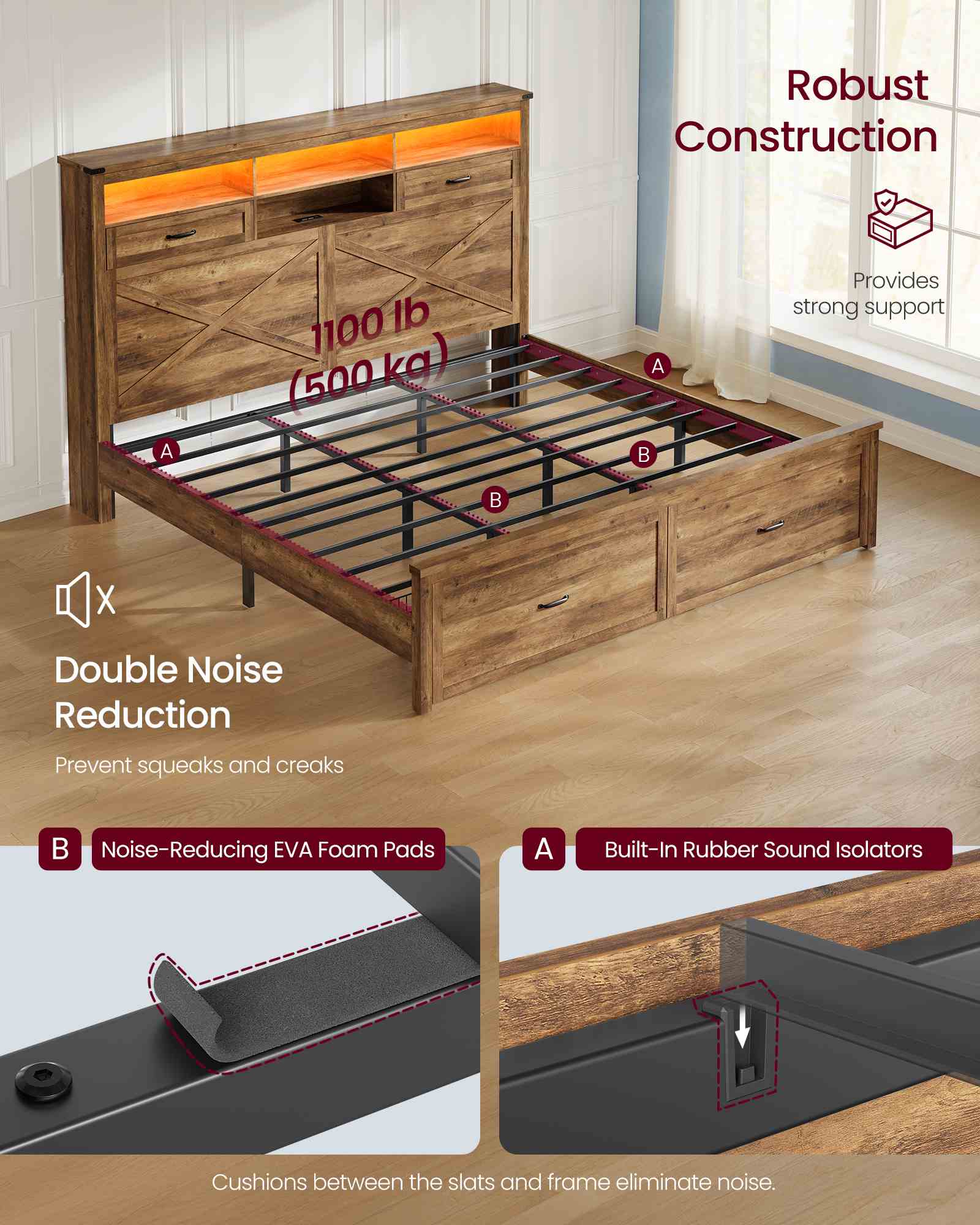King Bed Frame with Storage Headboard - Honey Brown