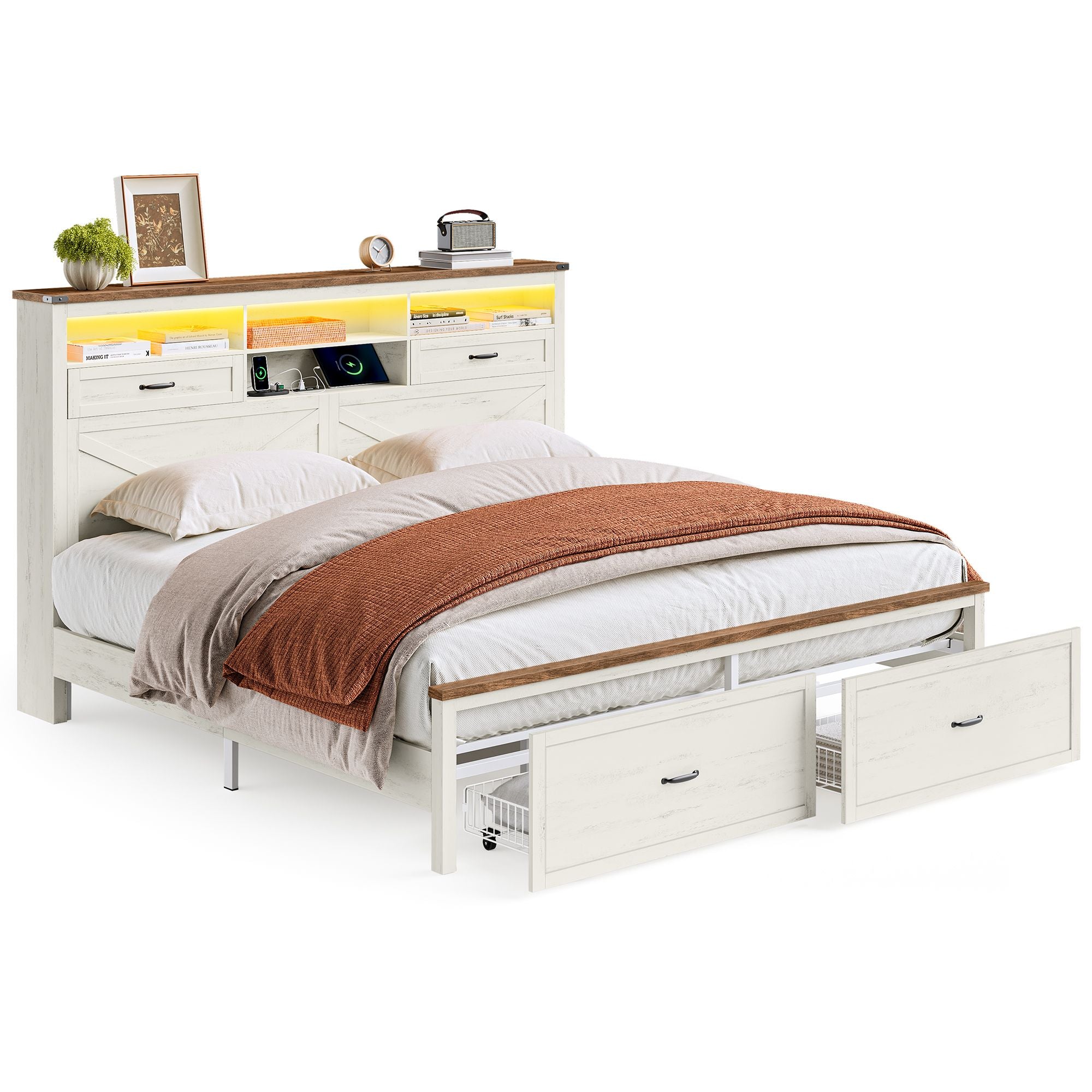 King Bed Frame with Storage Headboard - Rustic White