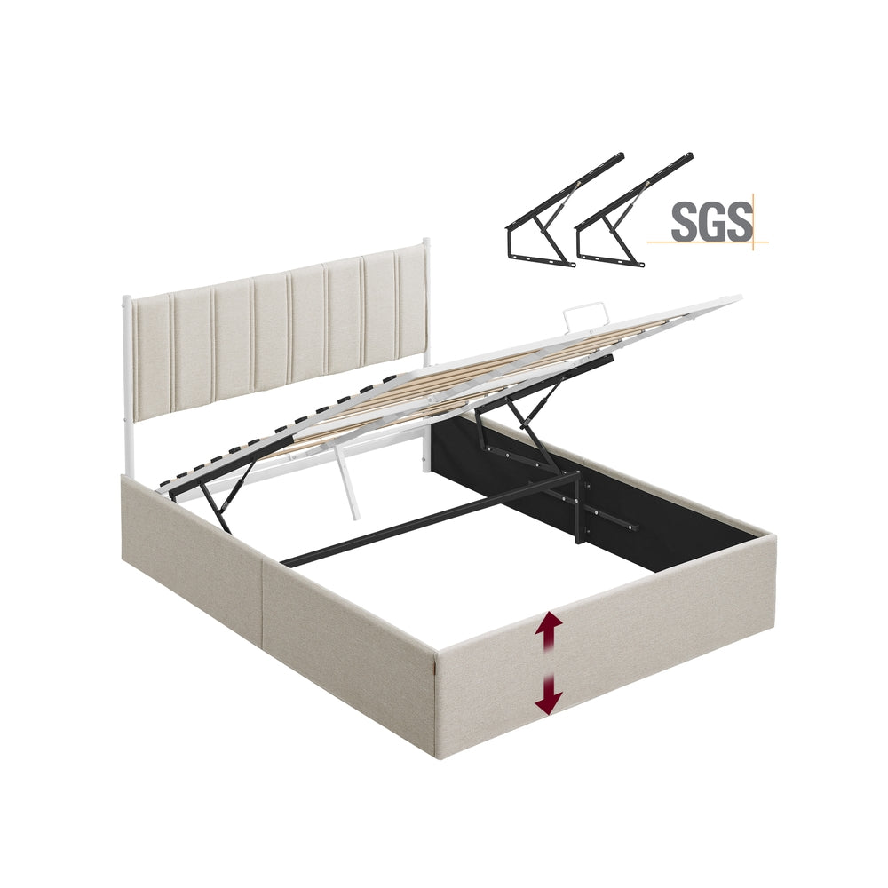 Lift Up Storage Bed Frame Queen Size - Cappuccino Beige - 86.1"L x 62"W x 43.3"H