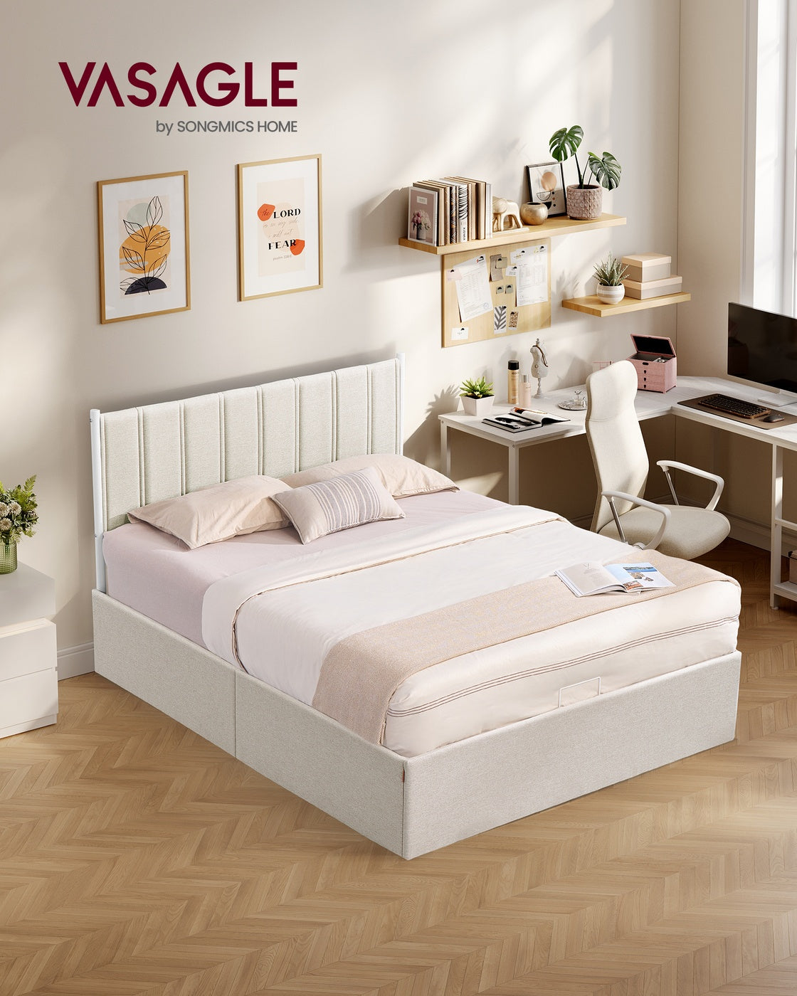 Lift Up Storage Bed Frame Queen Size - Cappuccino Beige