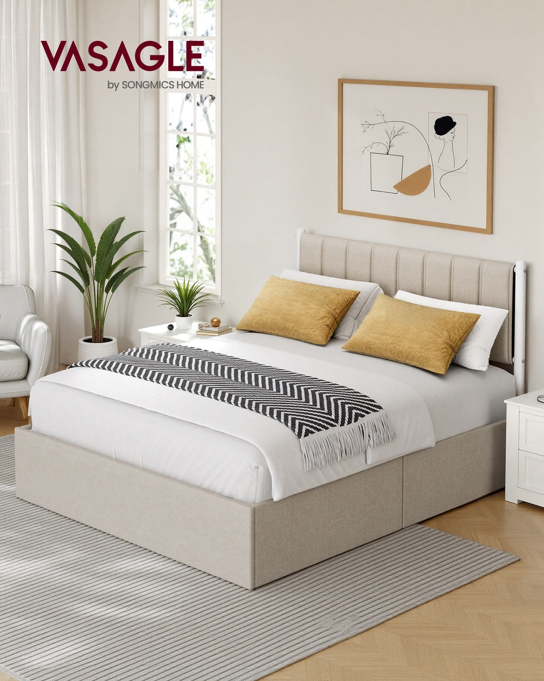 Lift Up Storage Bed Frame Queen Size - Cappuccino Beige