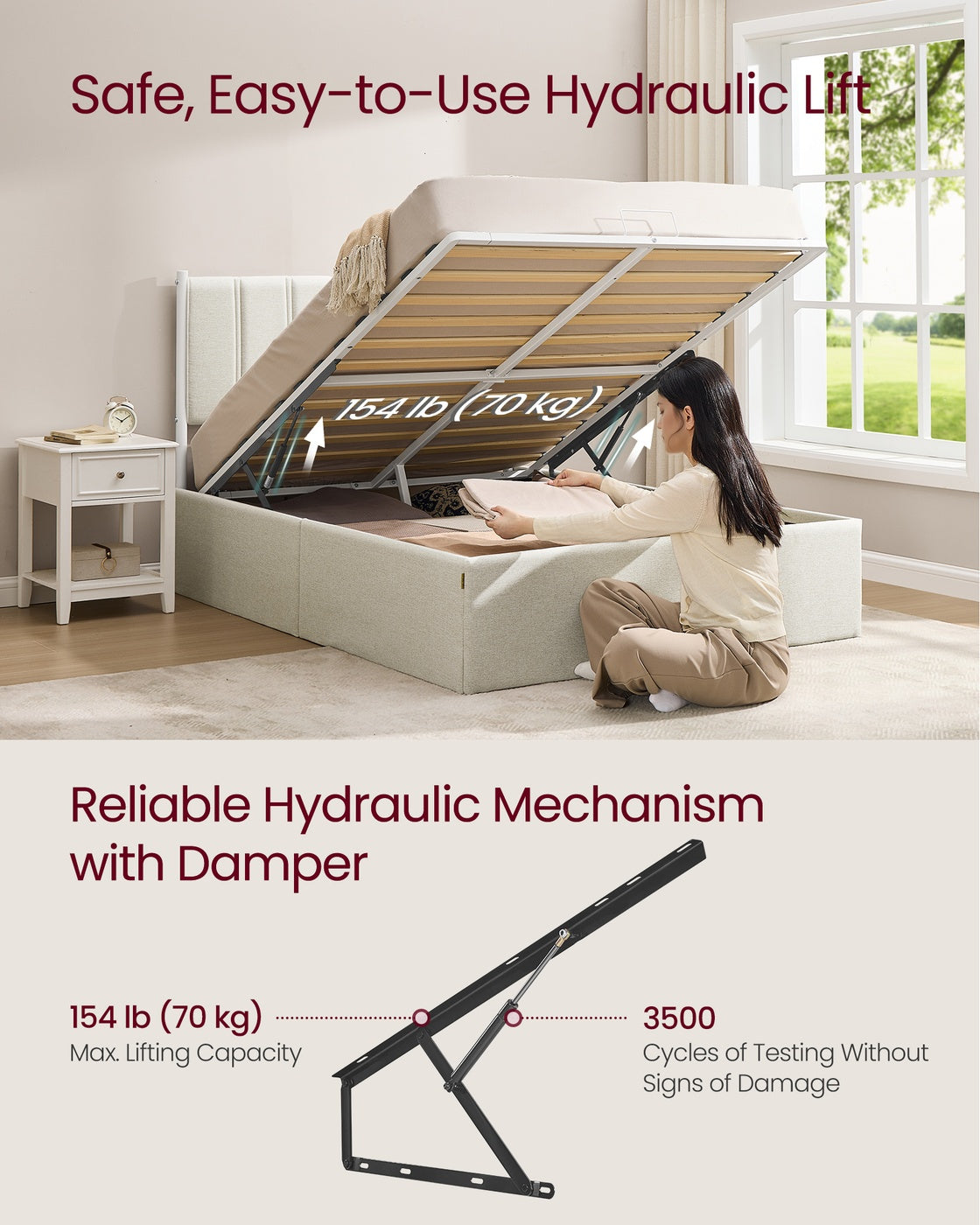 Lift Up Storage Bed Frame Queen Size - Cappuccino Beige