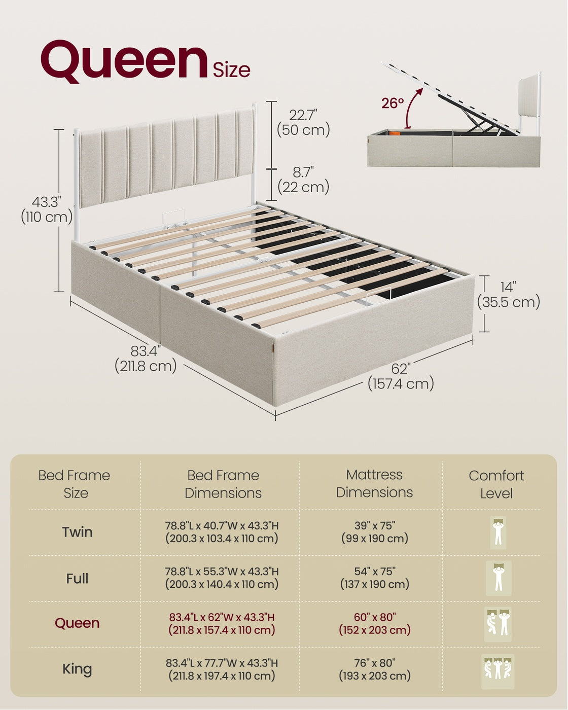 Lift Up Storage Bed Frame Queen Size - Cappuccino Beige