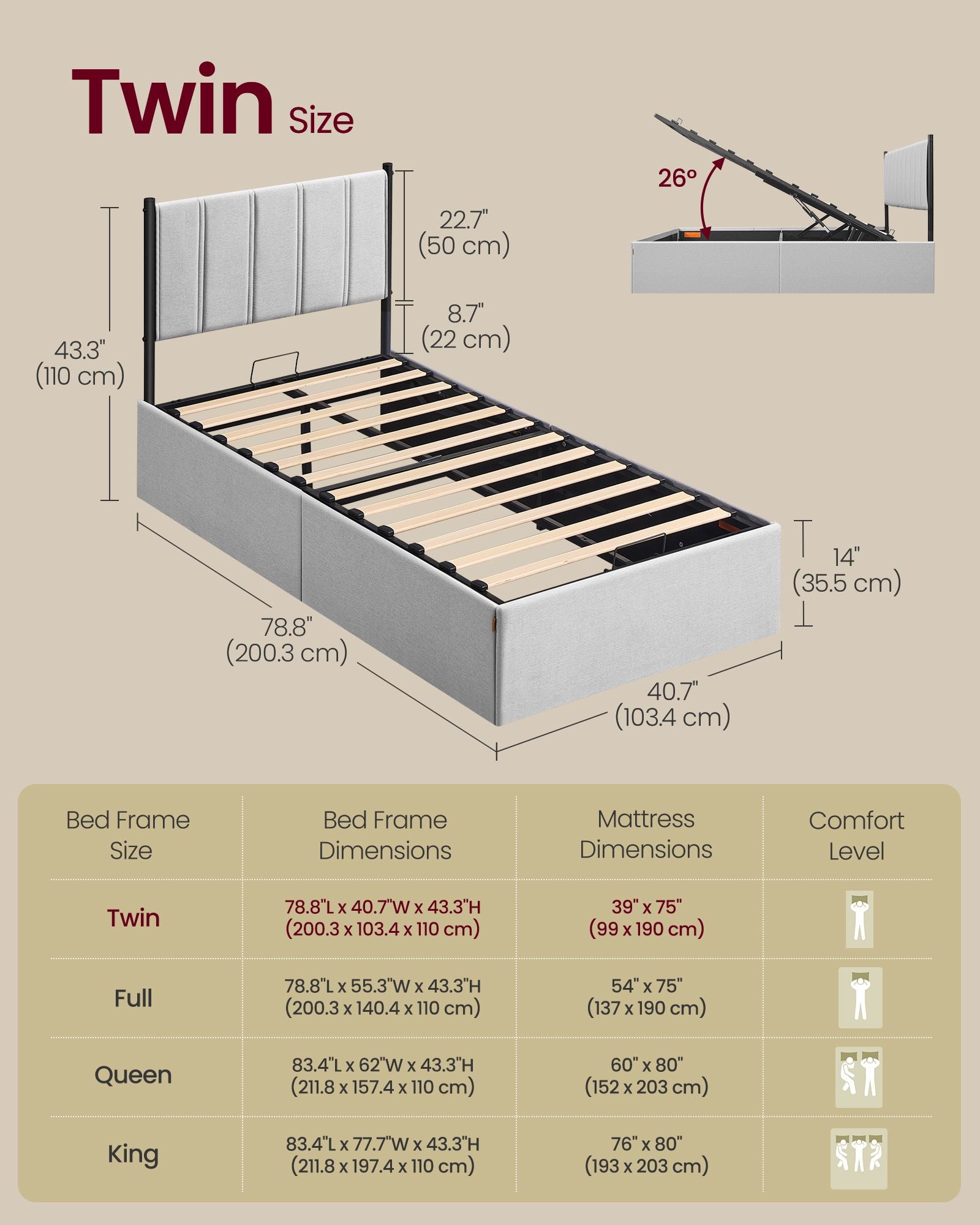 Lift Up Storage Bed Frame Twin Size