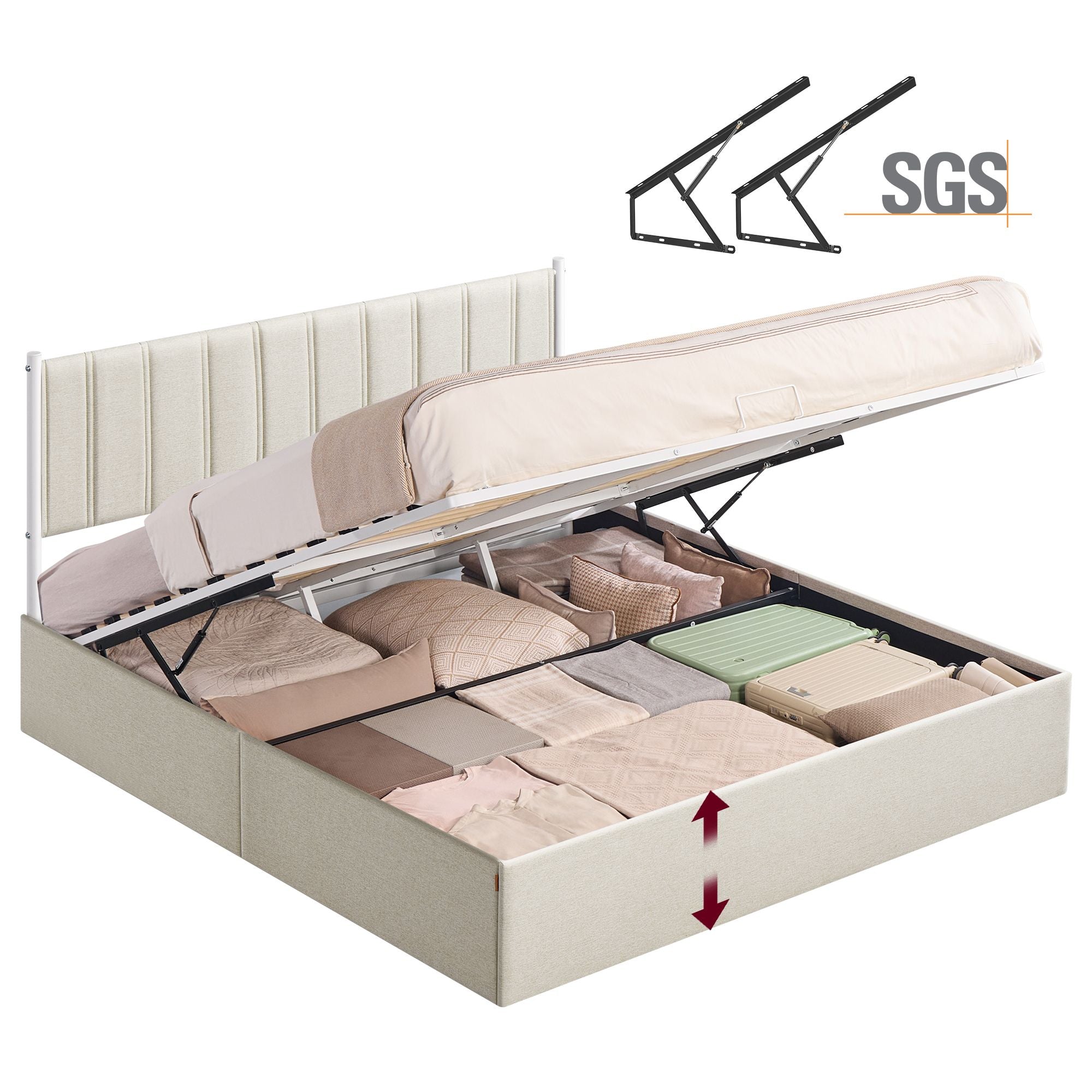 Lift Up Storage Bed Frame King Size - Cappuccino Beige