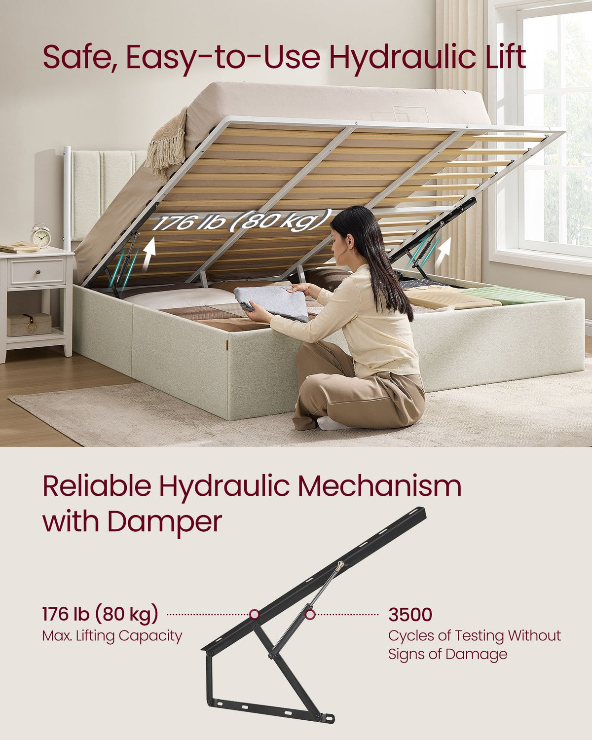 Lift-Up Storage Bed Frame - King Size - Upholstered Headboard