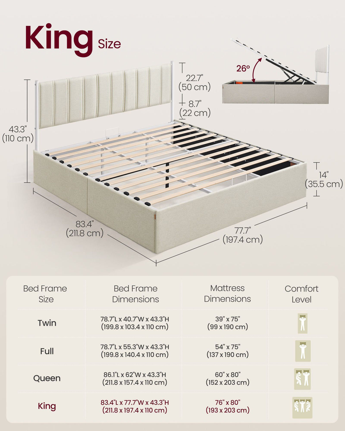 Lift-Up Storage Bed Frame - King Size - Upholstered Headboard