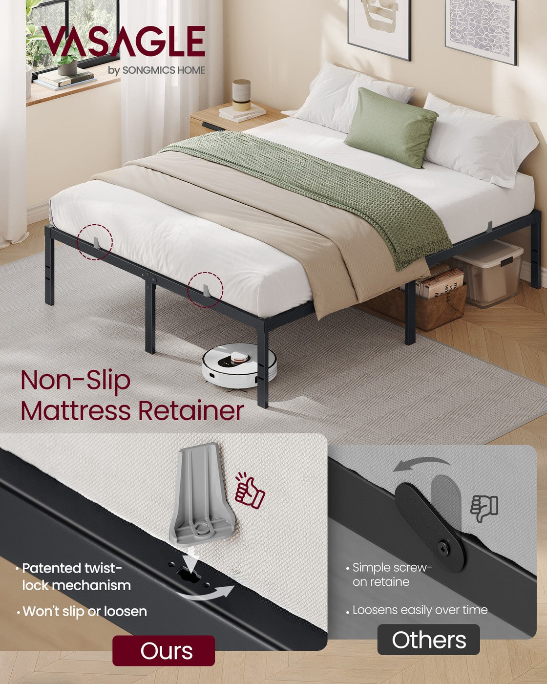 Queen Metal Bed Frame 16 Inches Tall - Matte Black