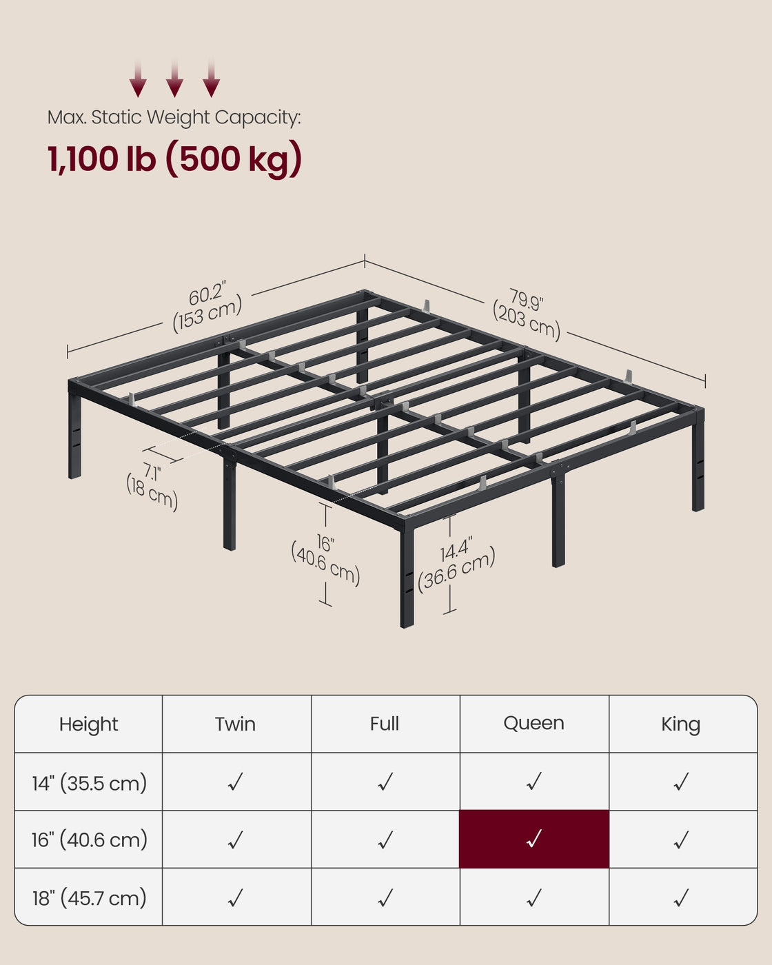 Queen Metal Bed Frame 16 Inches Tall - Matte Black