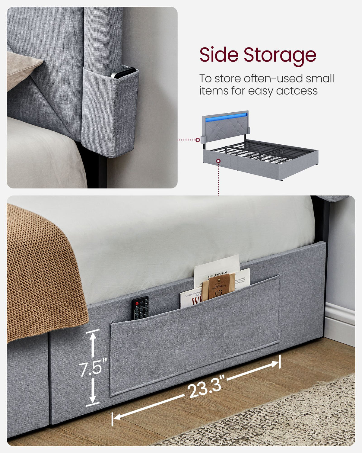 LED Bed Frame Queen Size with Headboard and 4 Drawers - Light Grey