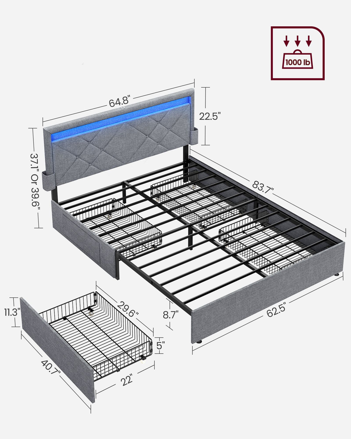 LED Bed Frame Queen Size with Headboard and 4 Drawers - Light Grey