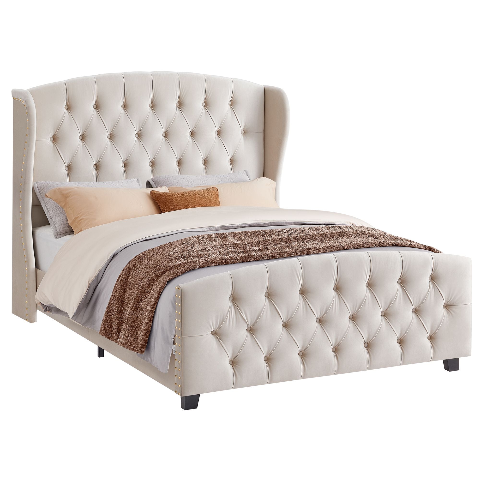 Queen Bed Frame with Tall Headboard and Upholstered Platform - Cappuccino Beige - 83.6"L x 65.4"W x 50"H