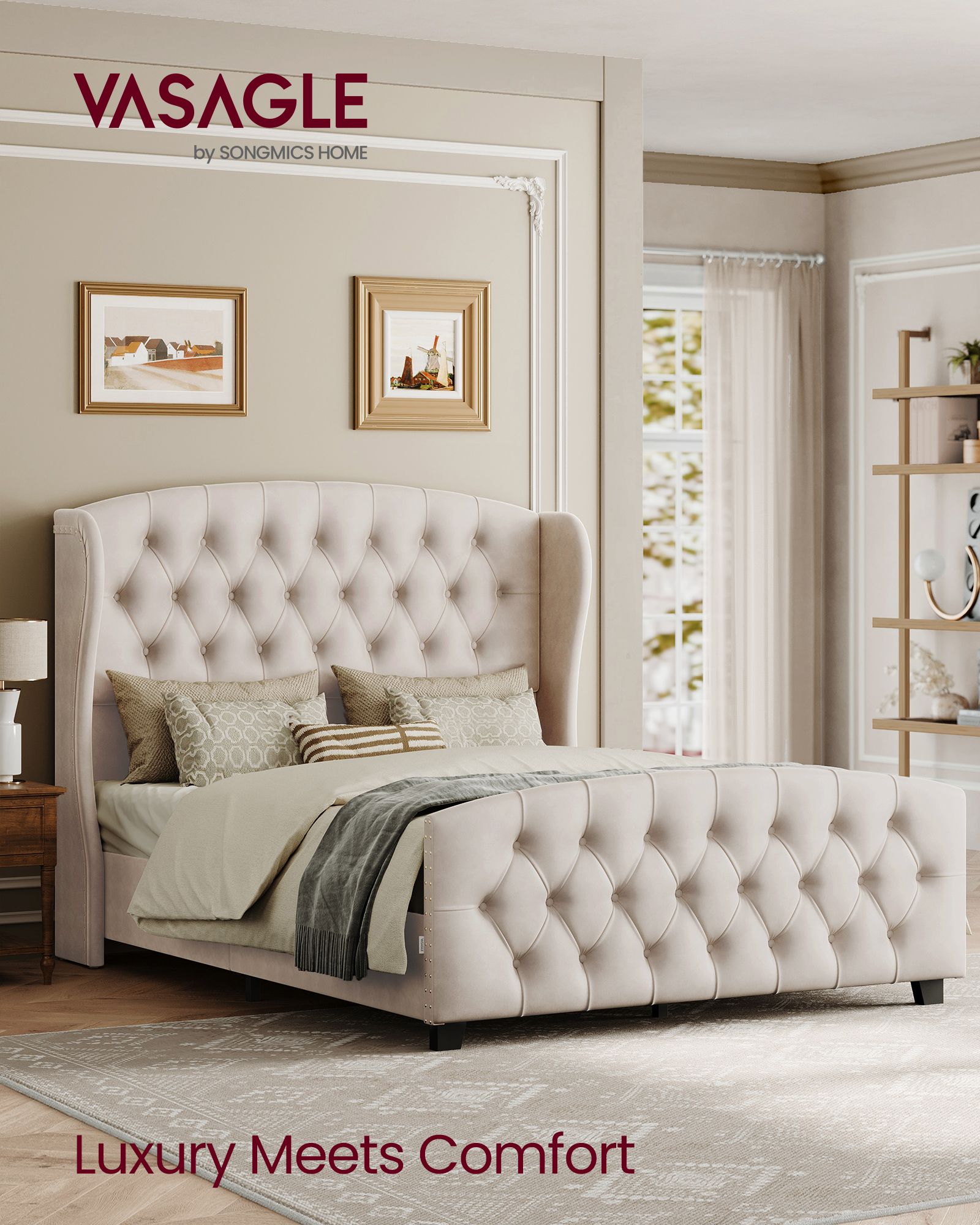 Queen Bed Frame with Tall Headboard and Upholstered Platform - Cappuccino Beige