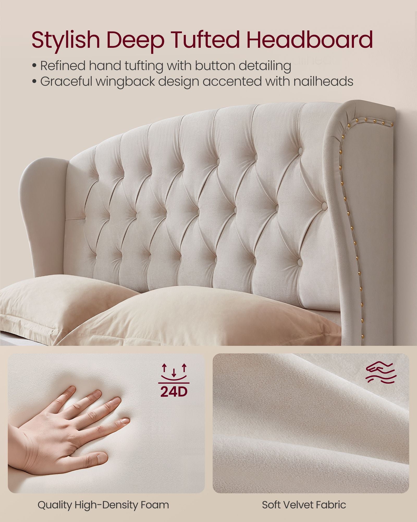 Queen Bed Frame with Tall Headboard and Upholstered Platform - Cappuccino Beige