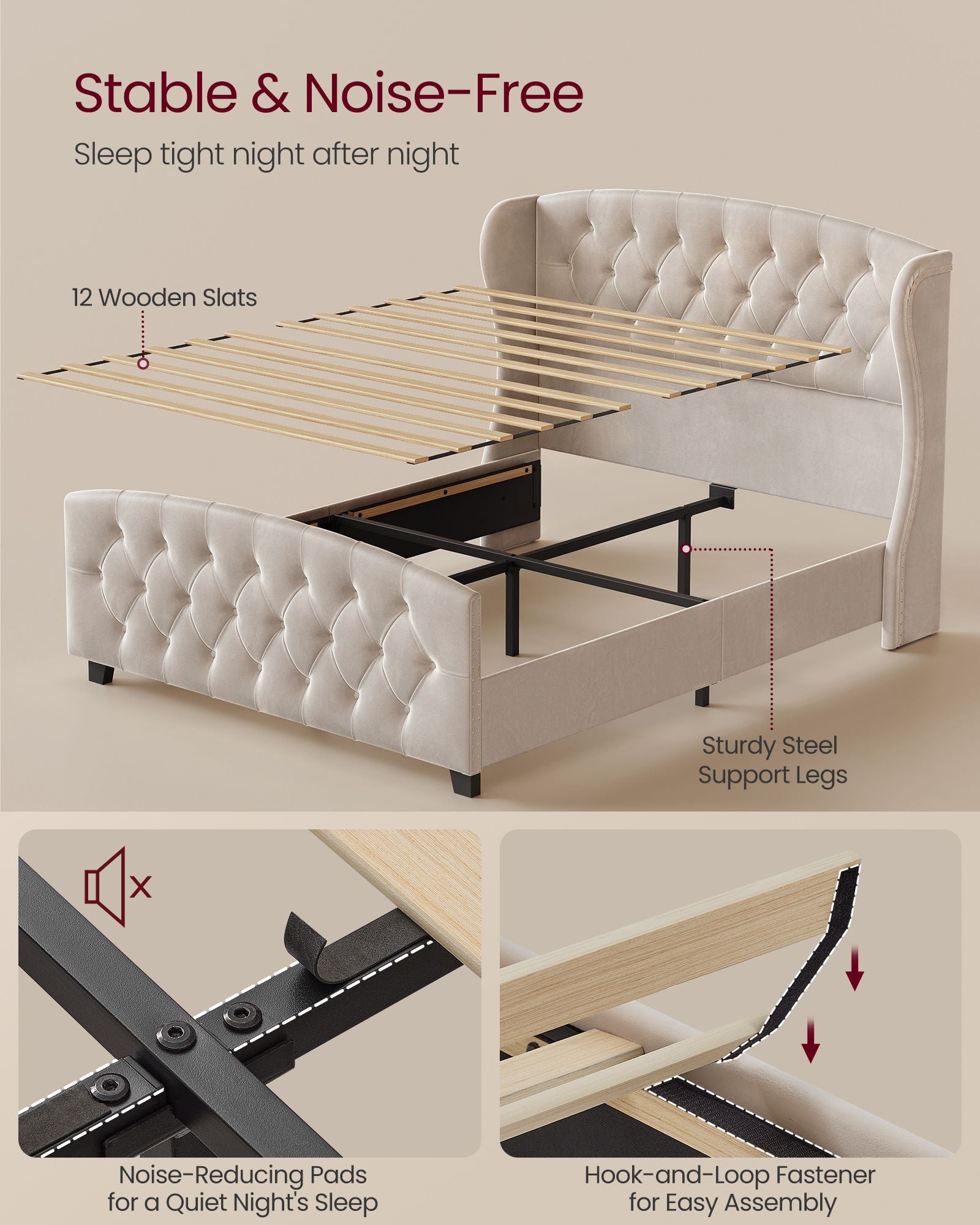 Queen Bed Frame with Tall Headboard and Upholstered Platform - Cappuccino Beige