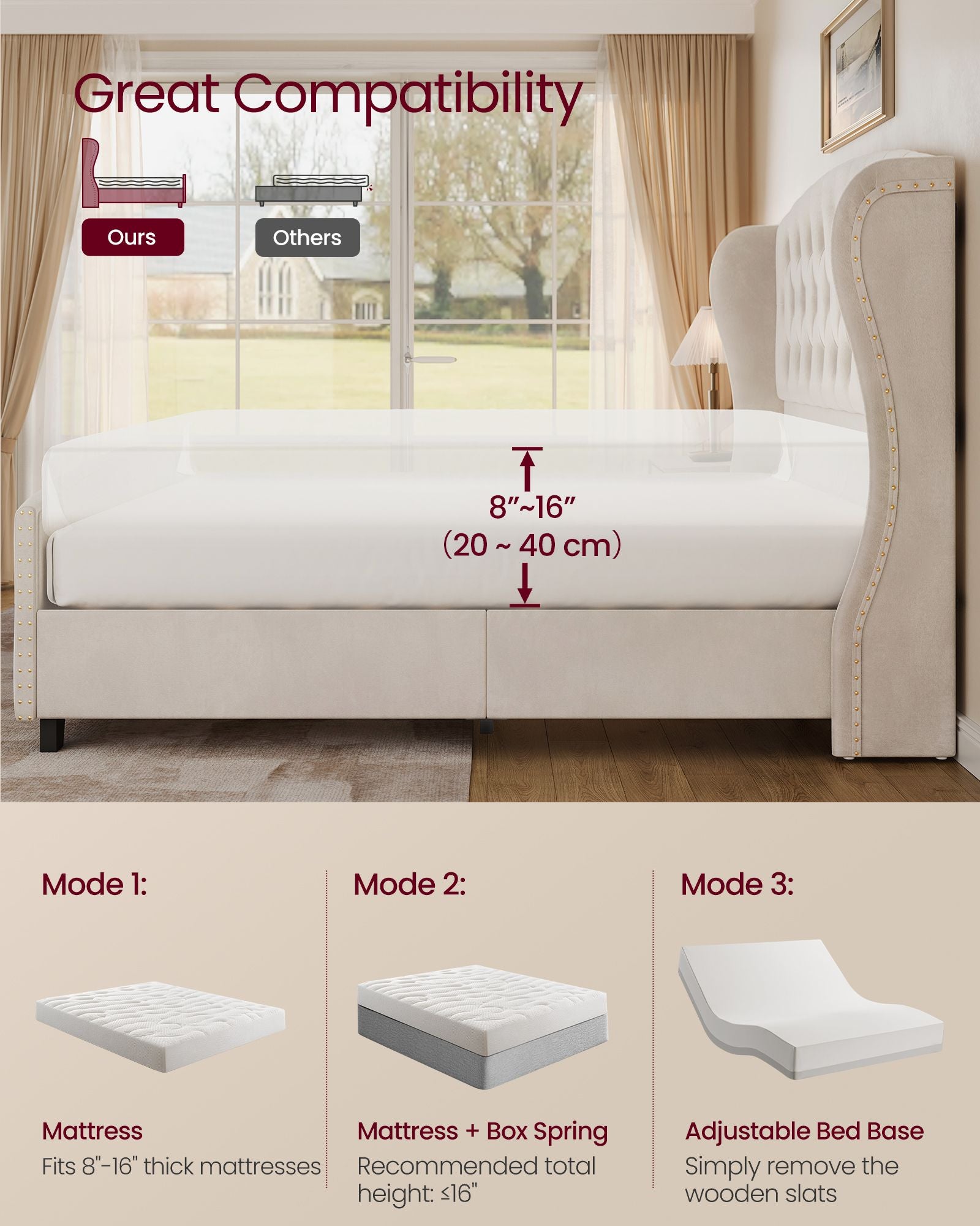 Queen Bed Frame with Tall Headboard and Upholstered Platform - Cappuccino Beige