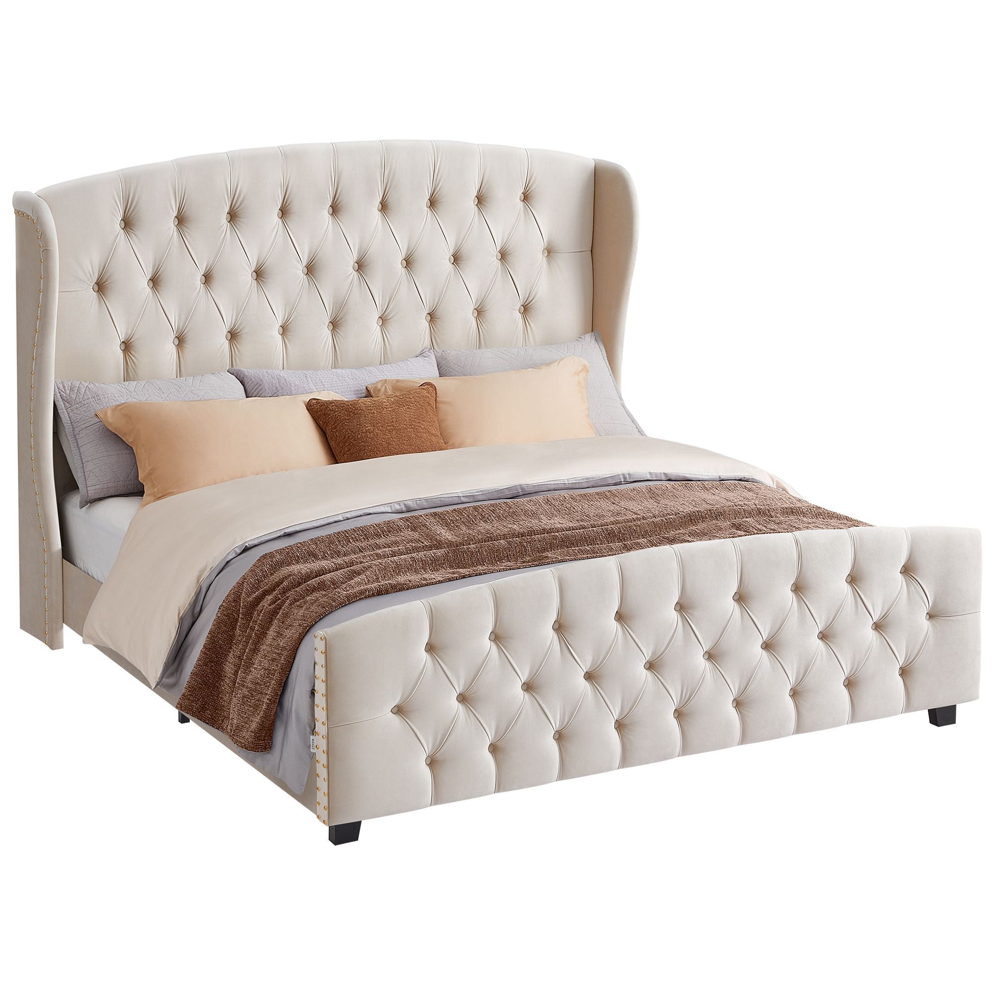 Queen Bed Frame with Tall Headboard and Upholstered Platform - Cappuccino Beige - 83.6"L x 81.5"W x 50"H
