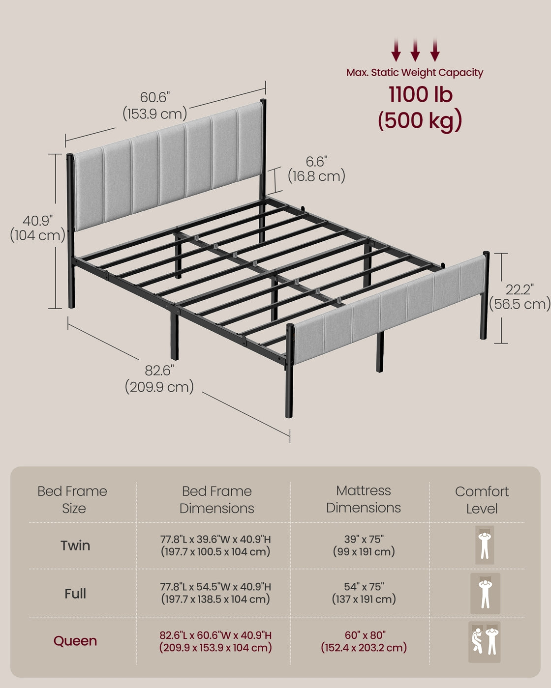 Queen Bed Frame - Upholstered Headboard - Steel Frame - No Box Spring Needed