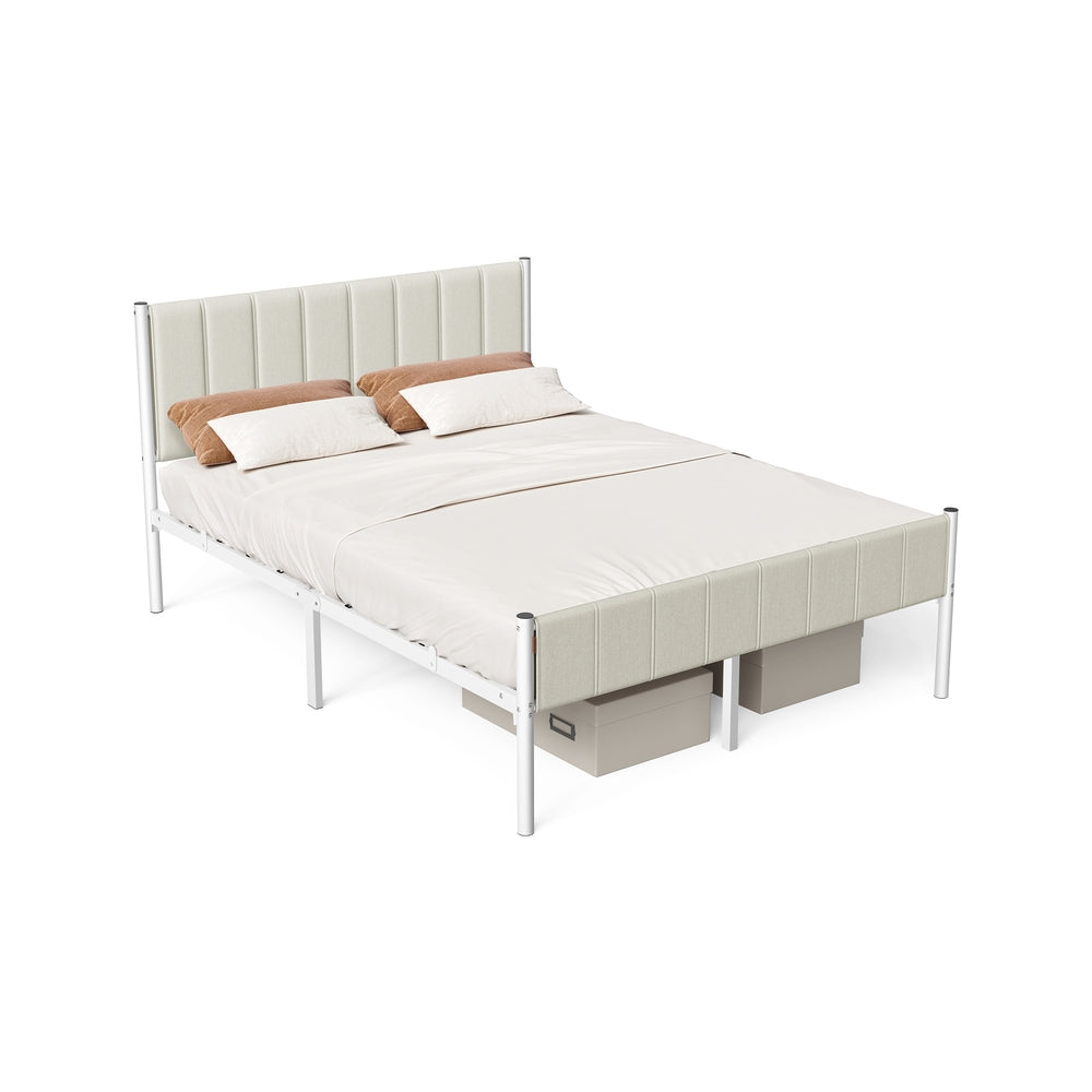 Queen Bed Frame - Upholstered Headboard - Steel Frame - No Box Spring Needed - Beige