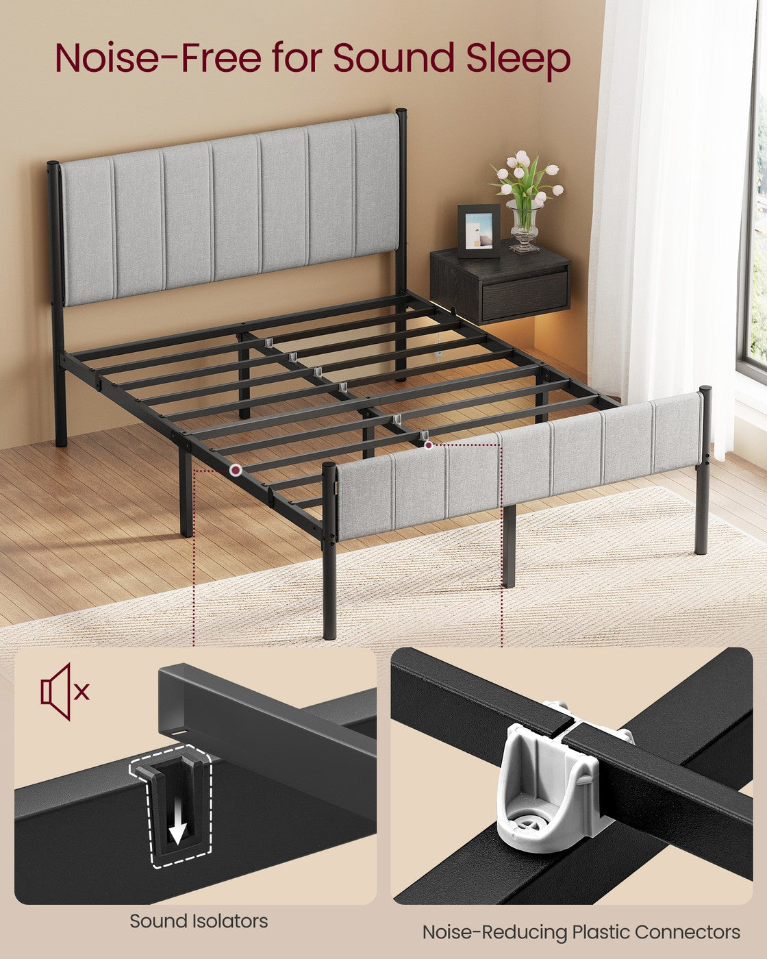Full Bed Frame - Upholstered Headboard - Steel Frame - No Box Spring Needed