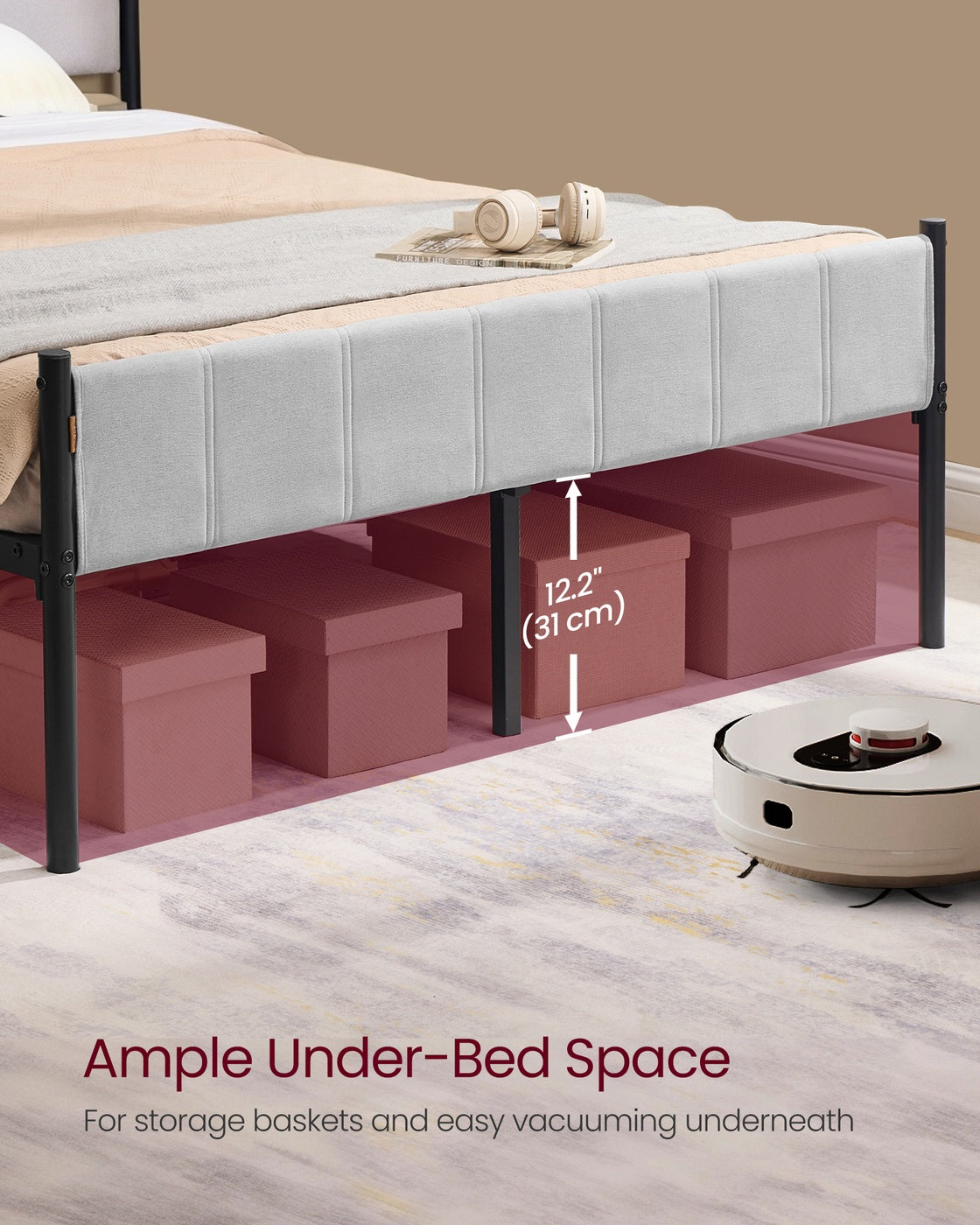 Full Bed Frame - Upholstered Headboard - Steel Frame - No Box Spring Needed