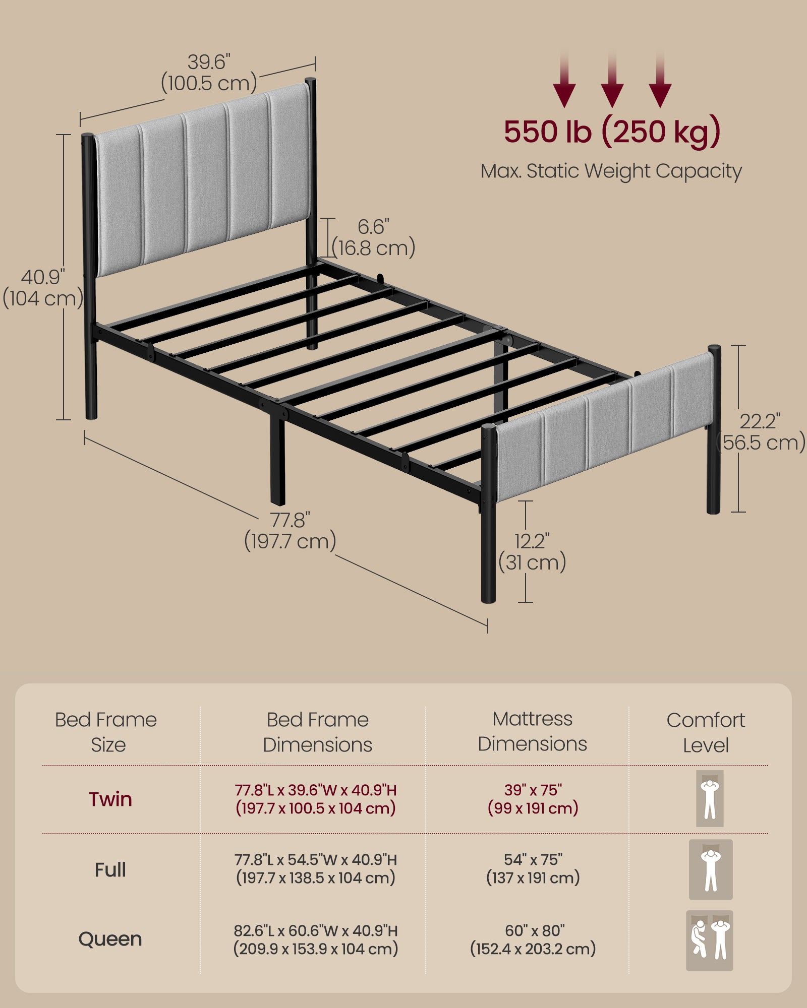 Twin Bed Frame - Upholstered Headboard - Steel Frame - No Box Spring Needed