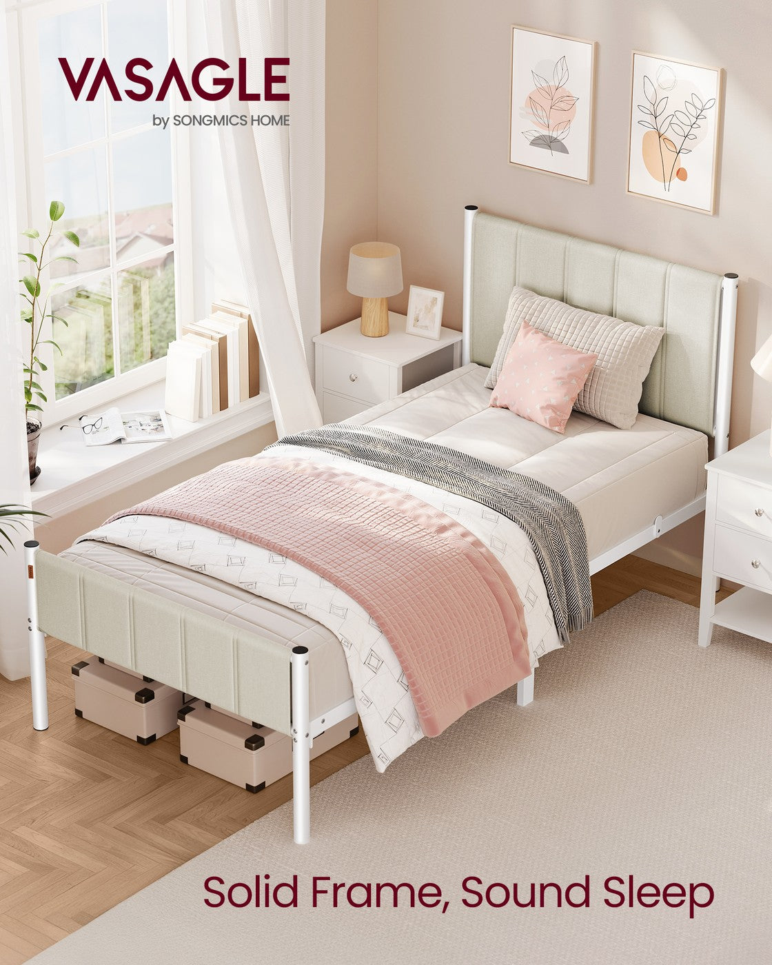 Twin Bed Frame - Upholstered Headboard - Steel Frame - No Box Spring Needed