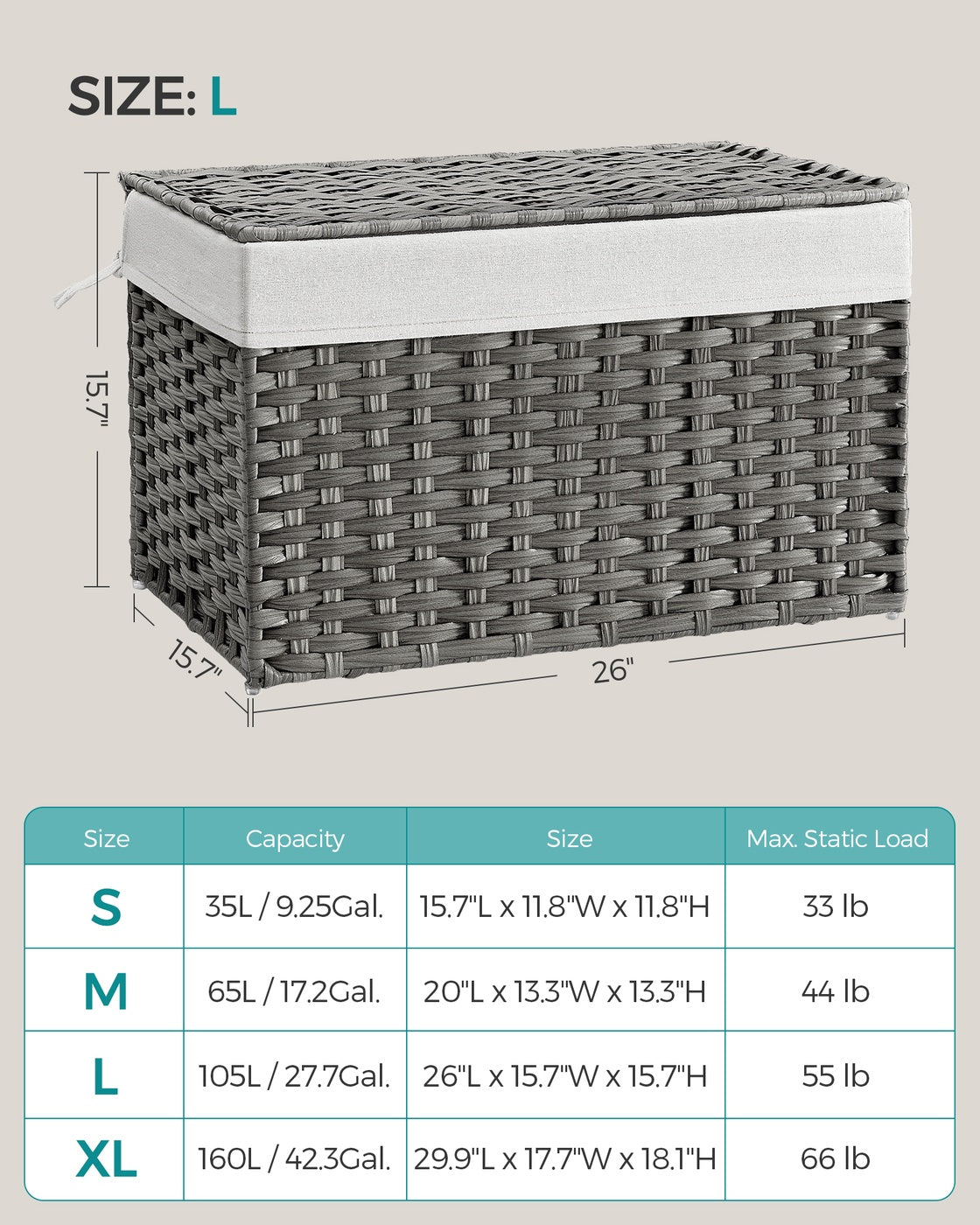 27.7 Gallon (105L) Woven Storage Basket with Lid and Handles Gray - Gray