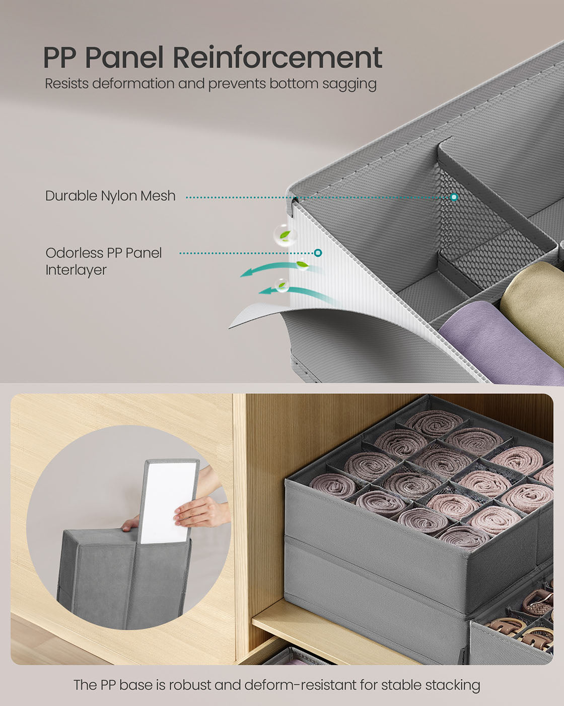 Set of 4 Closet Organizers for Underwear - 80 Cells - Dove Gray