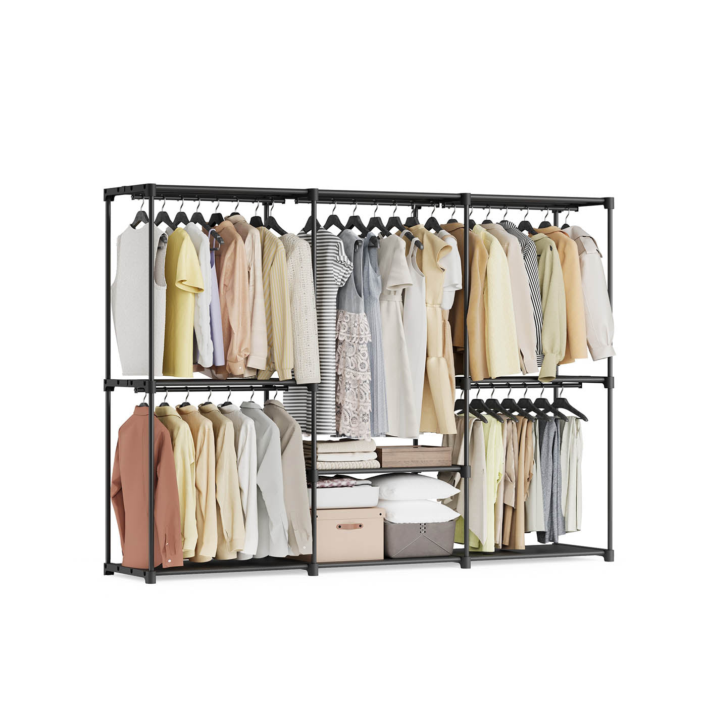 Freestanding Closet Organizer with Shelves - Hanging Rods - Black - 80.7"L x 17.1"W x 65.4"H