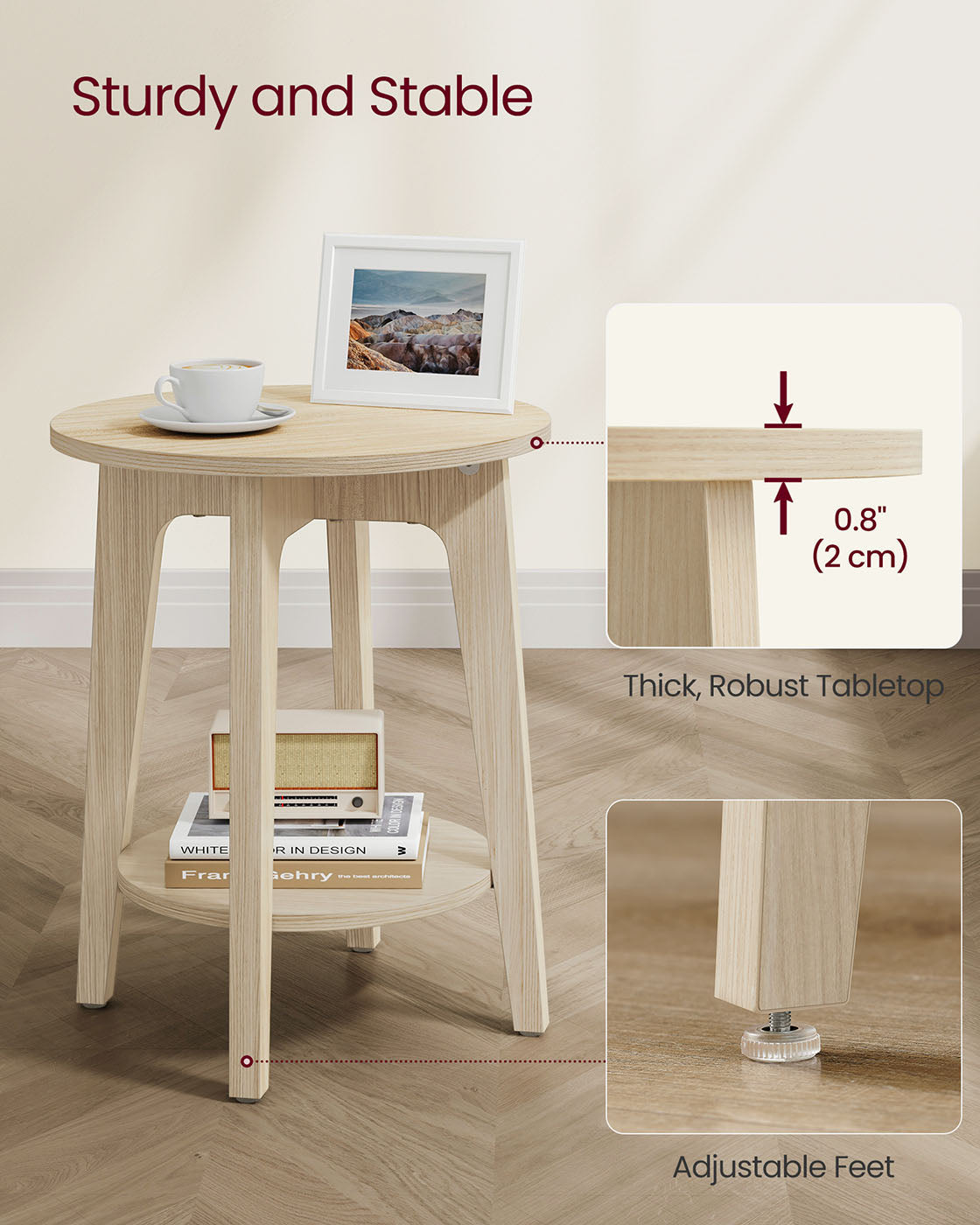 Round side table, 2-tier, smoky gray finish, modern accent